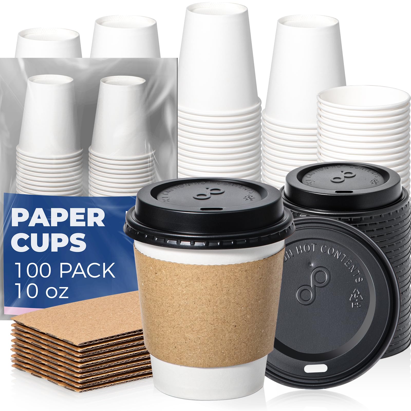 Fit Meal Prep [100 Pack 10 oz Coffee Cups with Lids and Kraft Sleeves  Premium Disposable Paper Coffee Cups  Durable Thickened To Go Hot Cups for Hot Beverage Chocolate Tea Cocoa