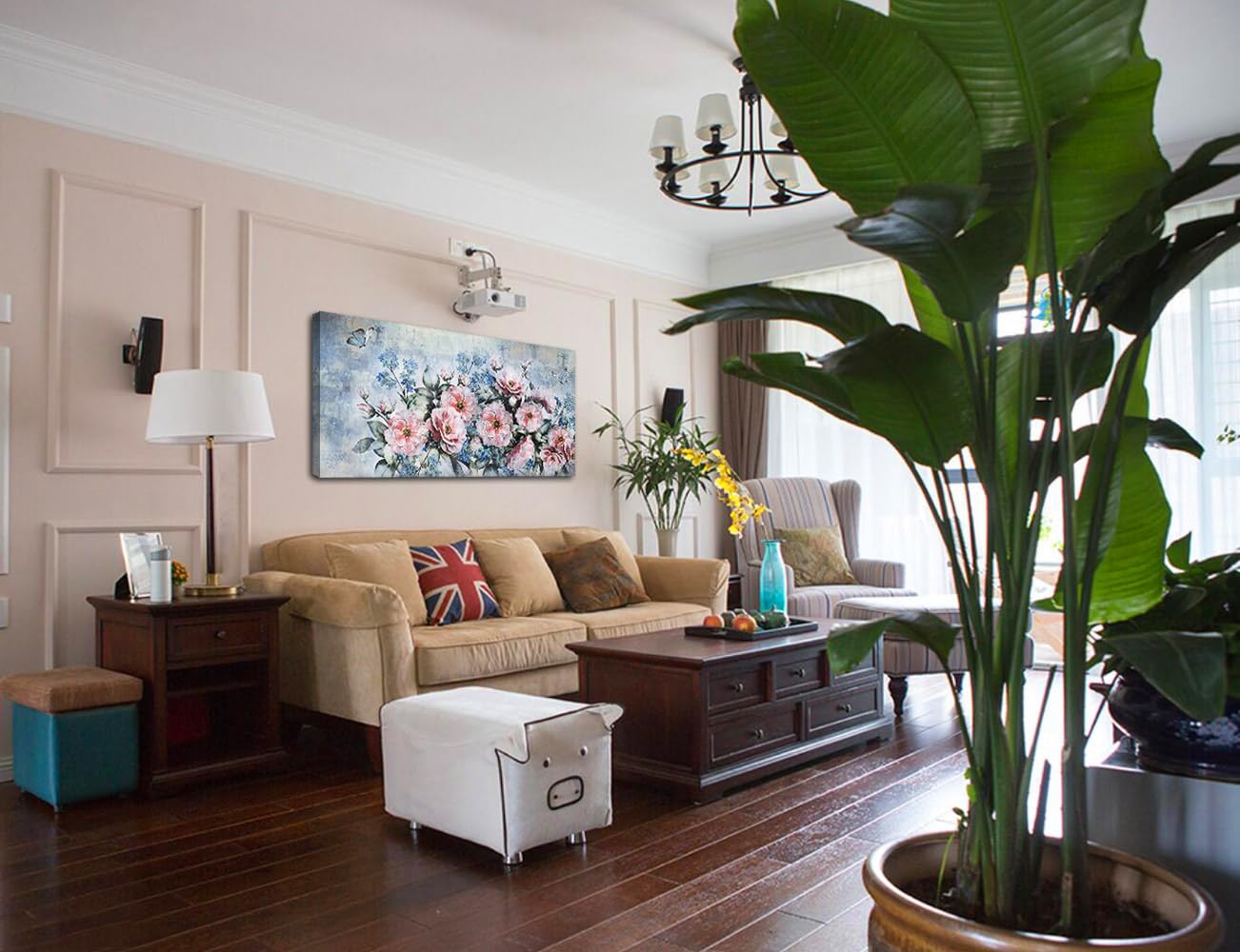 Acocifi Flowers Canvas Wall Art Abstract Peony Landscape Painting, Pink Florals And Butterfly Picture Print Textured Artwork Fra