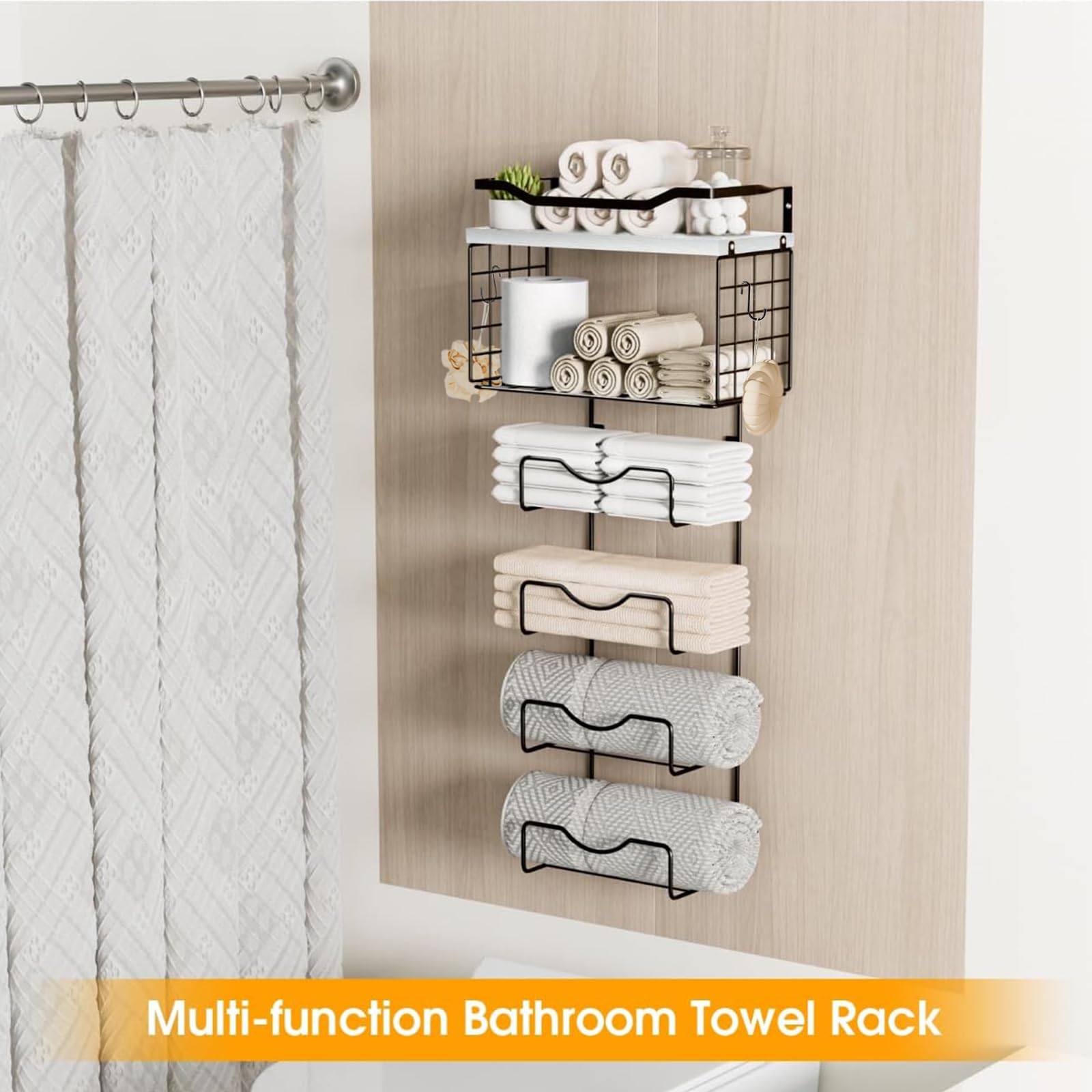 Towel Racks For Bathroom,Towel Rack Wall Mounted, 6 Tier Rolled Or Folded Towel Holder With Floating Shelves, Bathroom Towel Hol