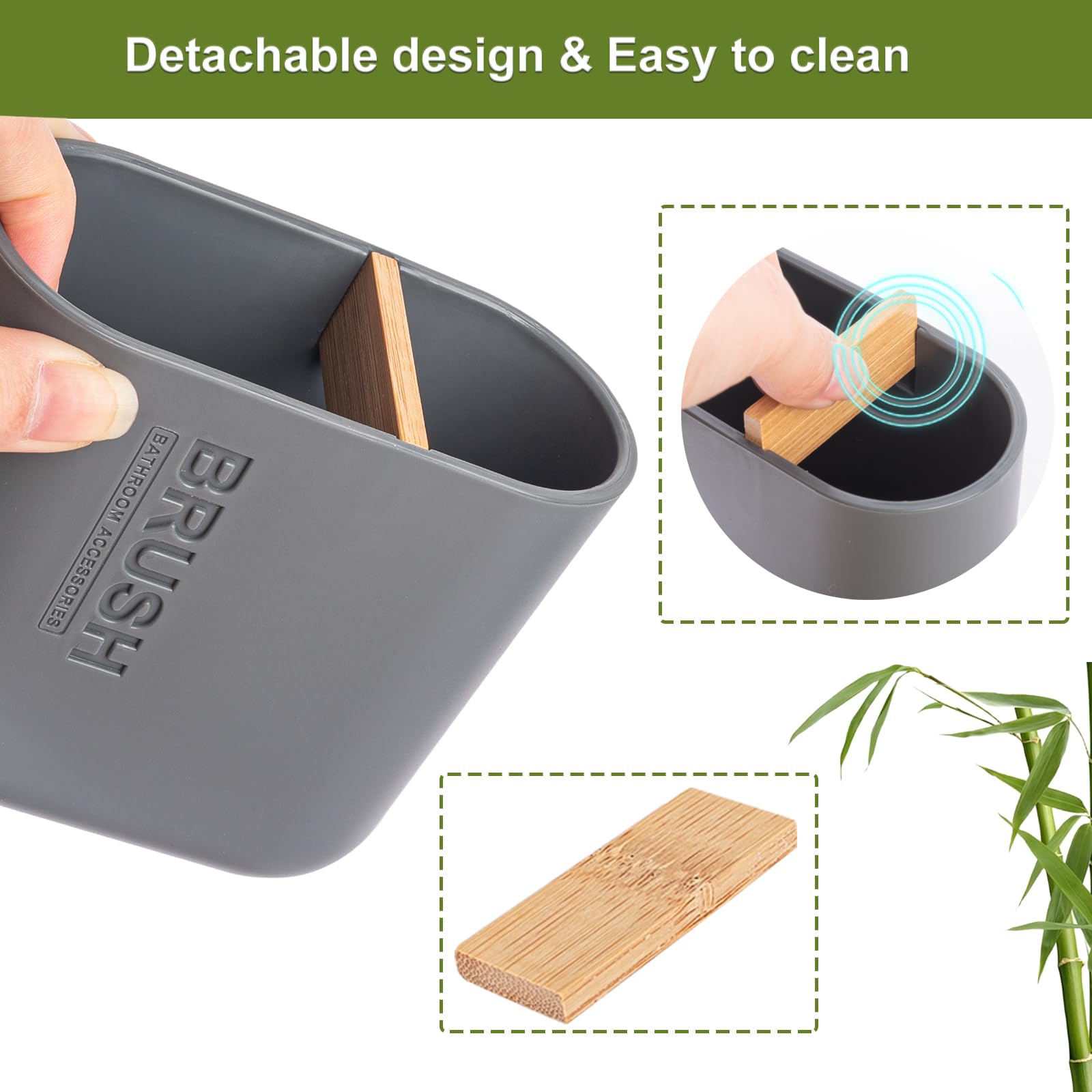 Toothbrush Holders Bamboo Electric Toothbrush Holder Bathroom Storage Organizer Countertop For Toothpaste, Floss, Razor, Grey