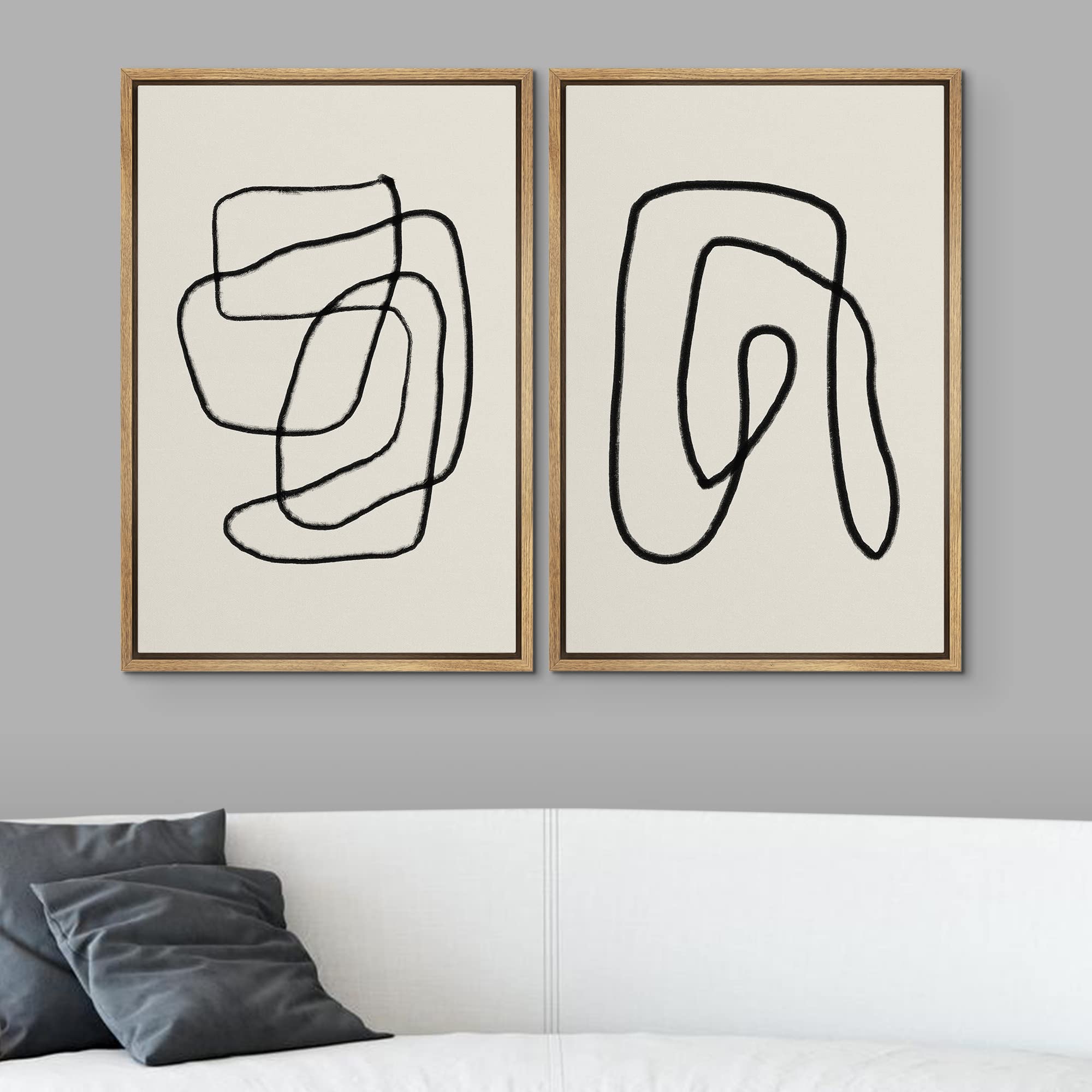 SIGNWIN Framed Wall Art Print Set Black Lines Over Tan Plain Background Abstract Swirly Cozy Neutral Modern Art Mid-Century Modern Expressive for Living Room  Bedroom  Office - 16''x24''x2 Panels
