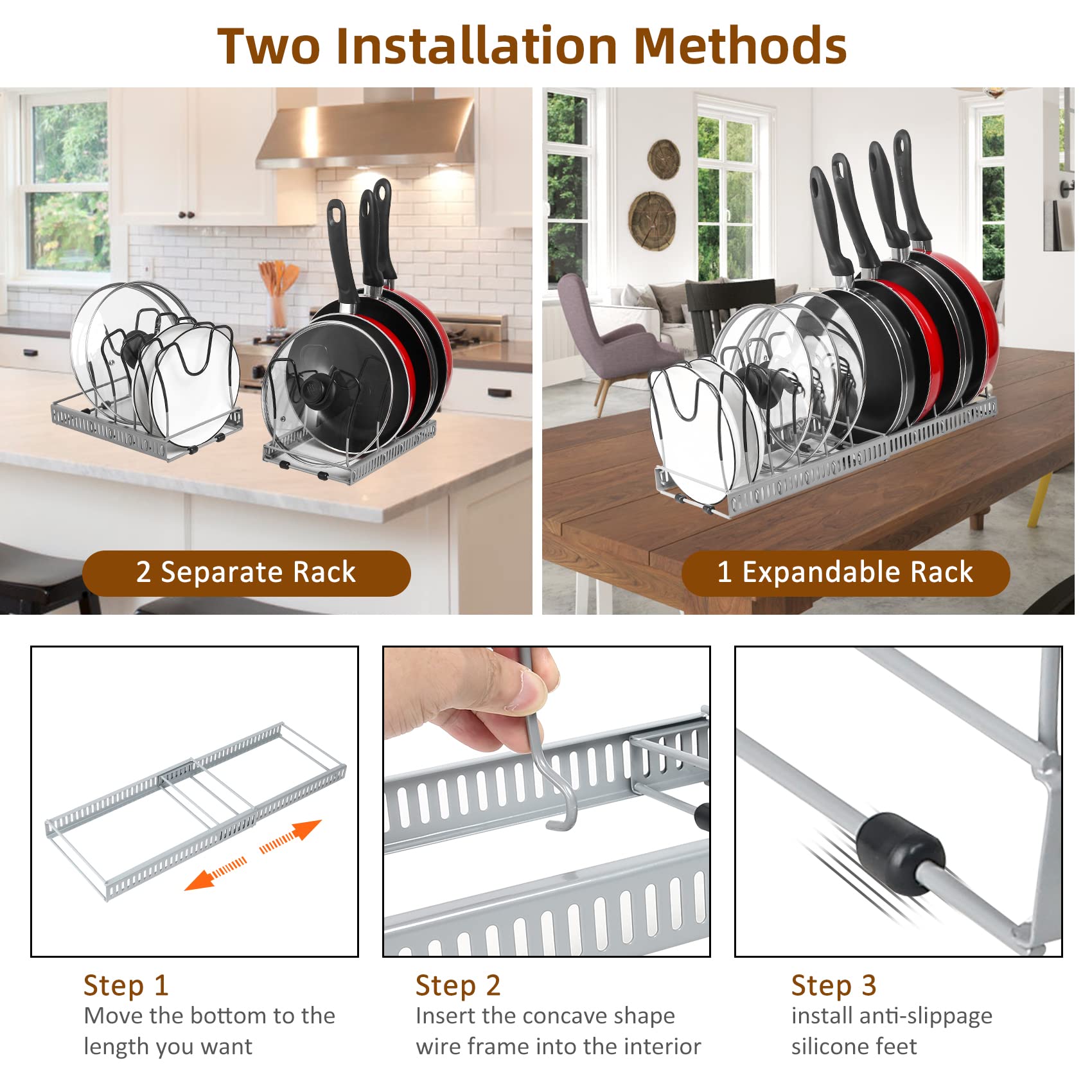 Pot Rack Organizer -Expandable Pot And Pan Organizer For Cabinet,Pot Lid Organizer Holder With 10 Adjustable Compartment For Kit