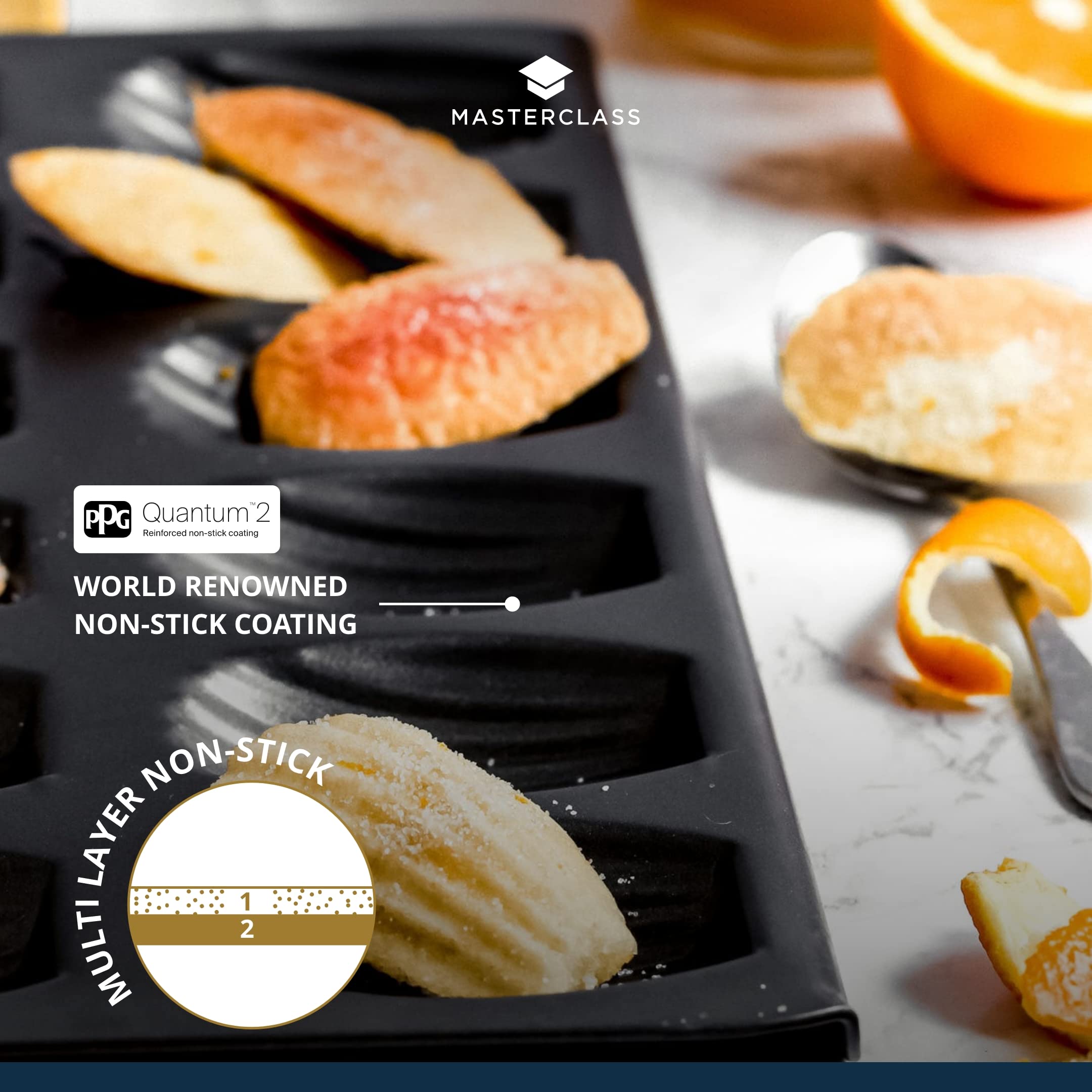 Masterclass Madeleine Tray With Pfoa Free Non Stick, Robust 1Mm Carbon Steel, 12 Hole Cake Mould, 40X 20 Cm, Grey