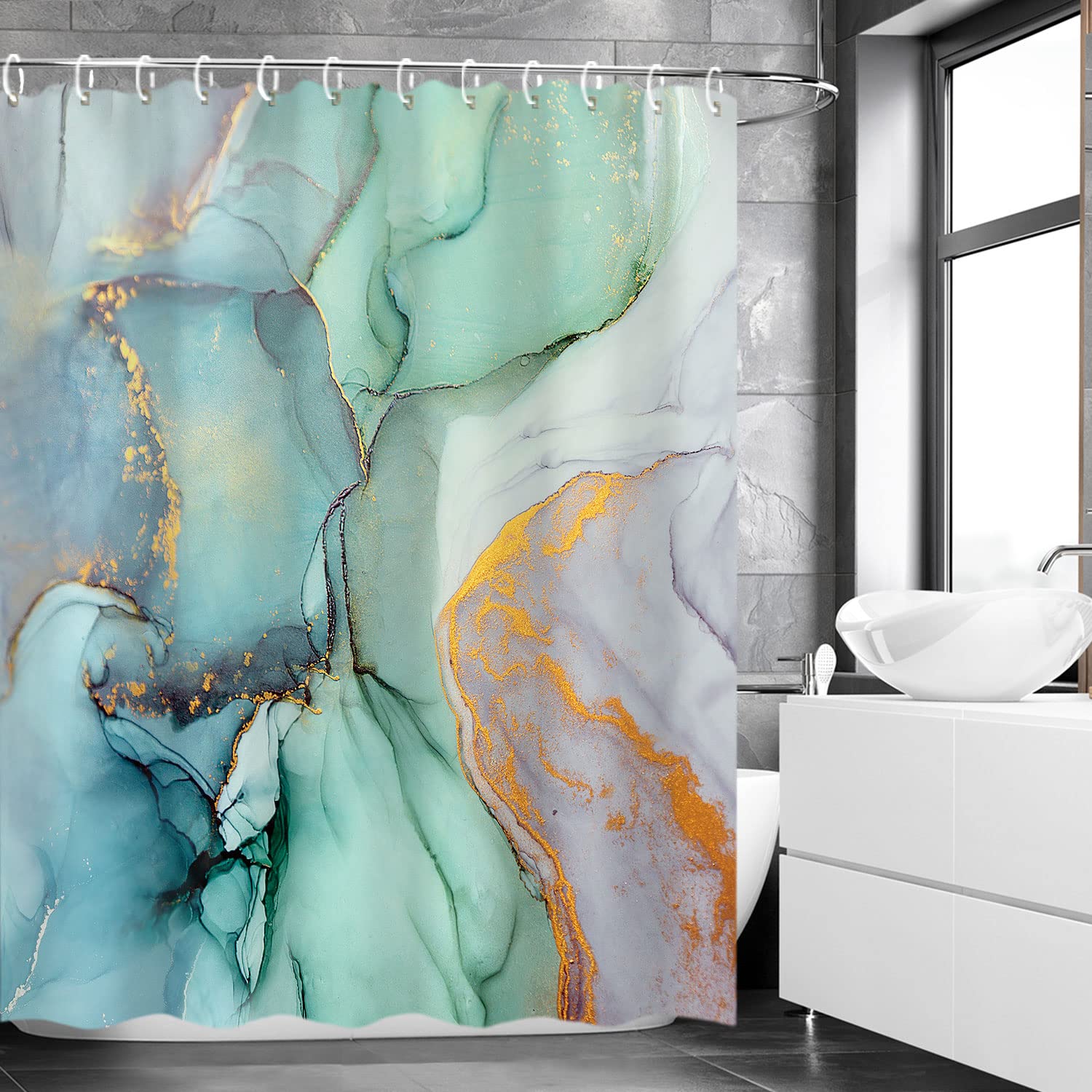 Rosielily Green Shower Curtain, Marble Shower Curtains Set With 12 Hooks, Green Marble Shower Curtain, Blue Gray Shower Curtain