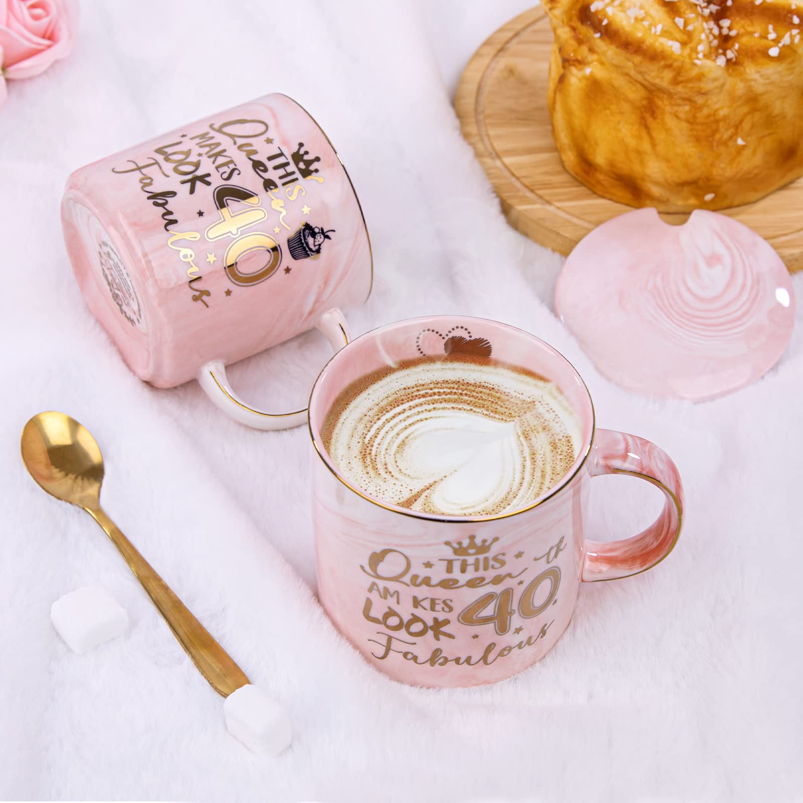 40Th Birthday Gifts Women - 14Oz Fabulous Pink Coffee Mug With Gold Pattern - Unique 40Th Birthday Gift Ideas For Mom Sister Aun