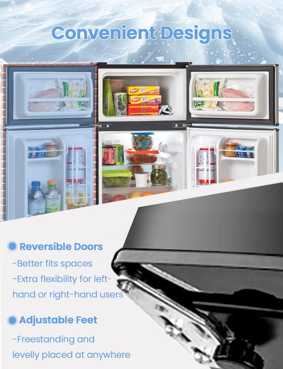 Nafort Mini Fridge With Freezer 3.2 Cu Ft. 2-Door Freezer Cooler Refrigerator With Reversible Door, Removable Glass Shelves&Draw