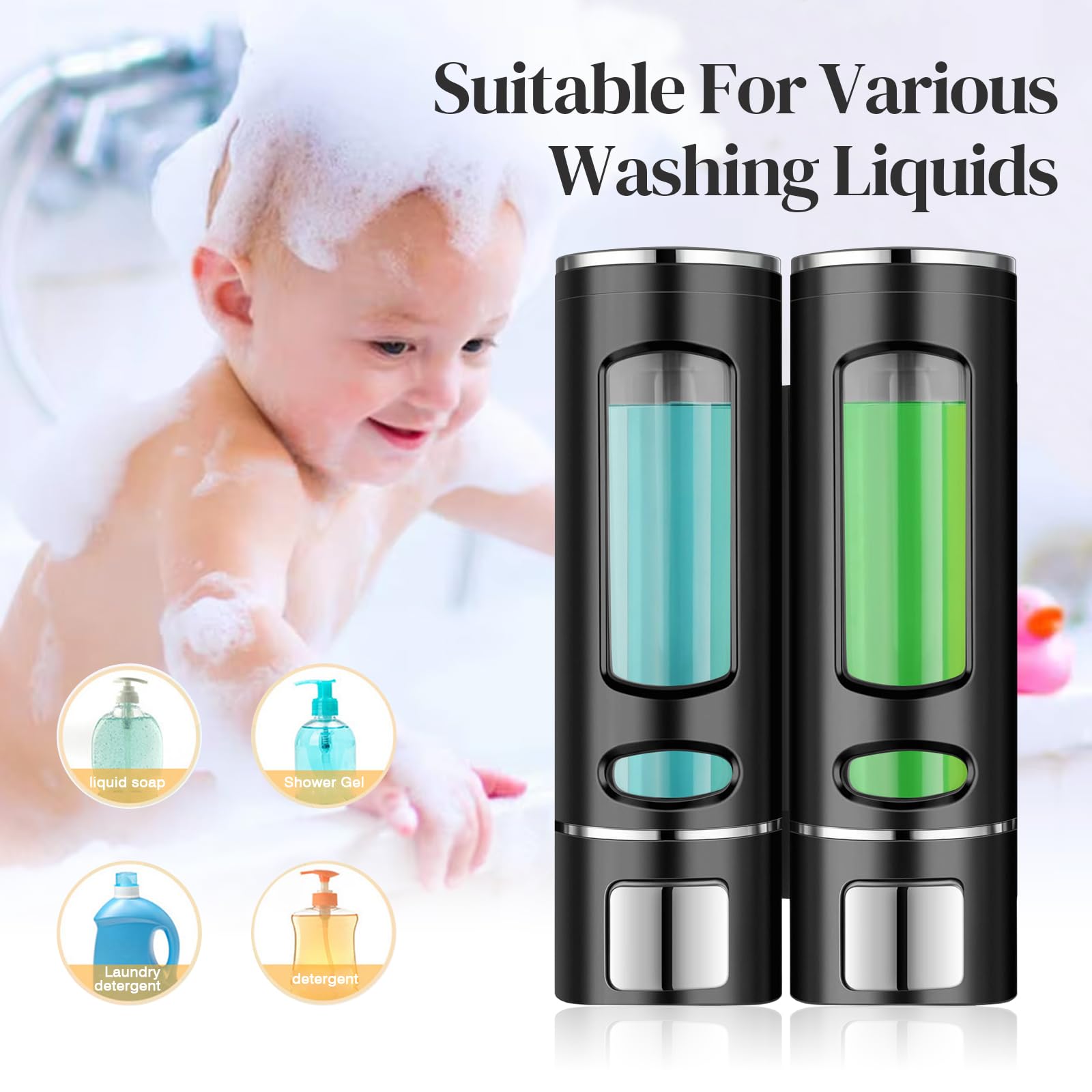 Kytree Black Hand Soap Dispenser Wall Mounted, 400Ml Bathroom Shower Dispenser, Shower Pump Dispenser And Organizer For Bathroom