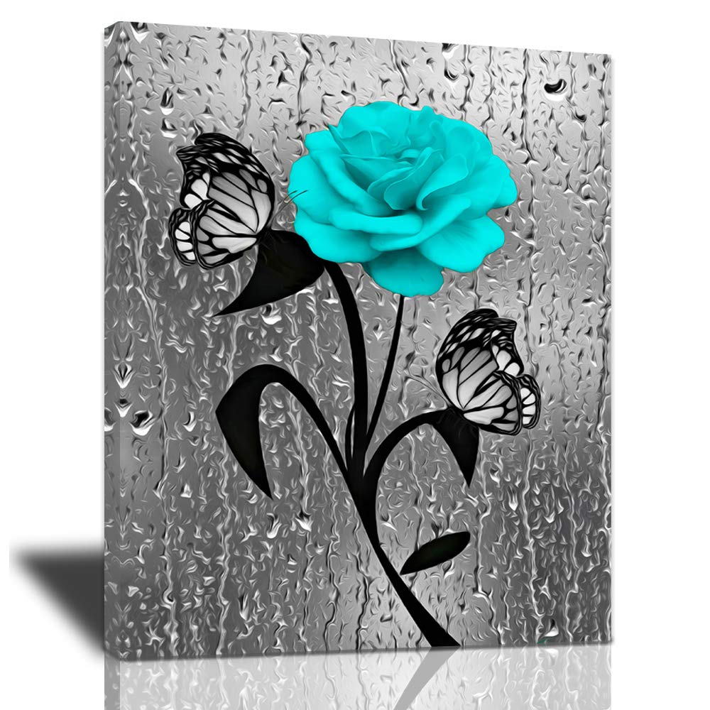 Farmhouse Bathroom Decor Canvas Wall Art Teal Blue Roses Butterfly Picture Wall Decor Black And White Grey Bath Painting Print A