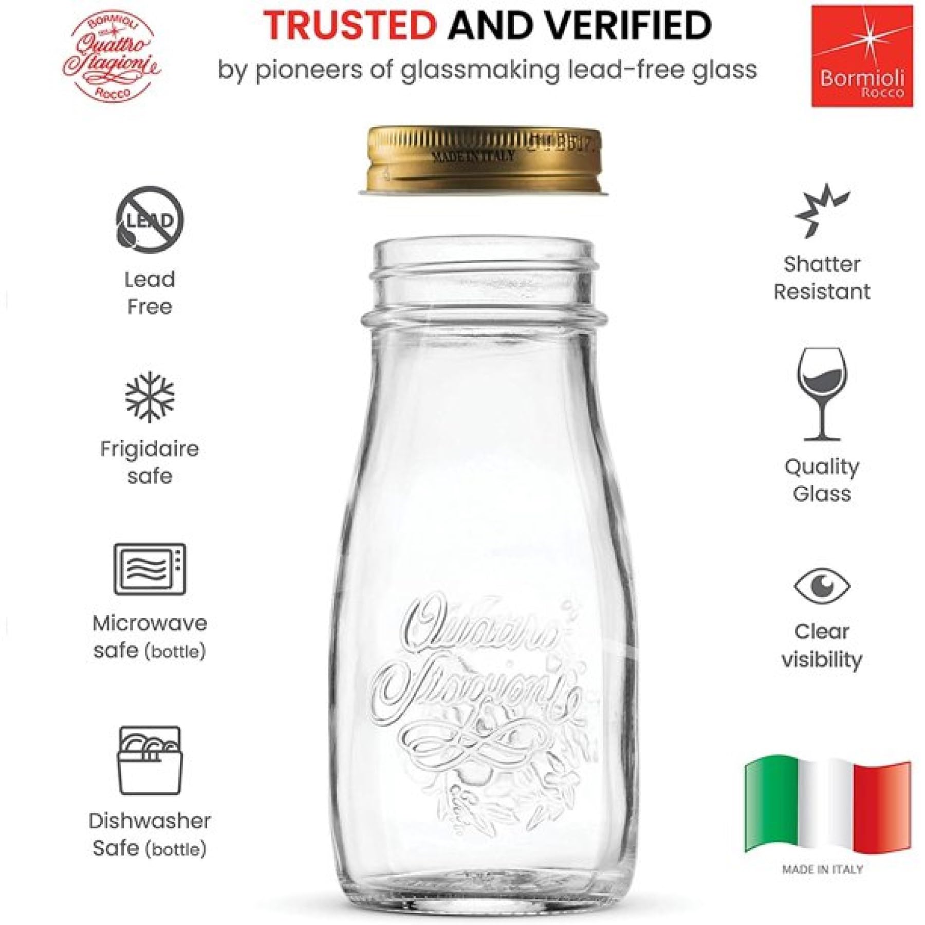 Bormioli Rocco Quattro Stagioni, Set Of 6, Glass Canning Mason Jars And Drinking Bottles, 13.5 Oz. With Gold Metal Airtight Lids