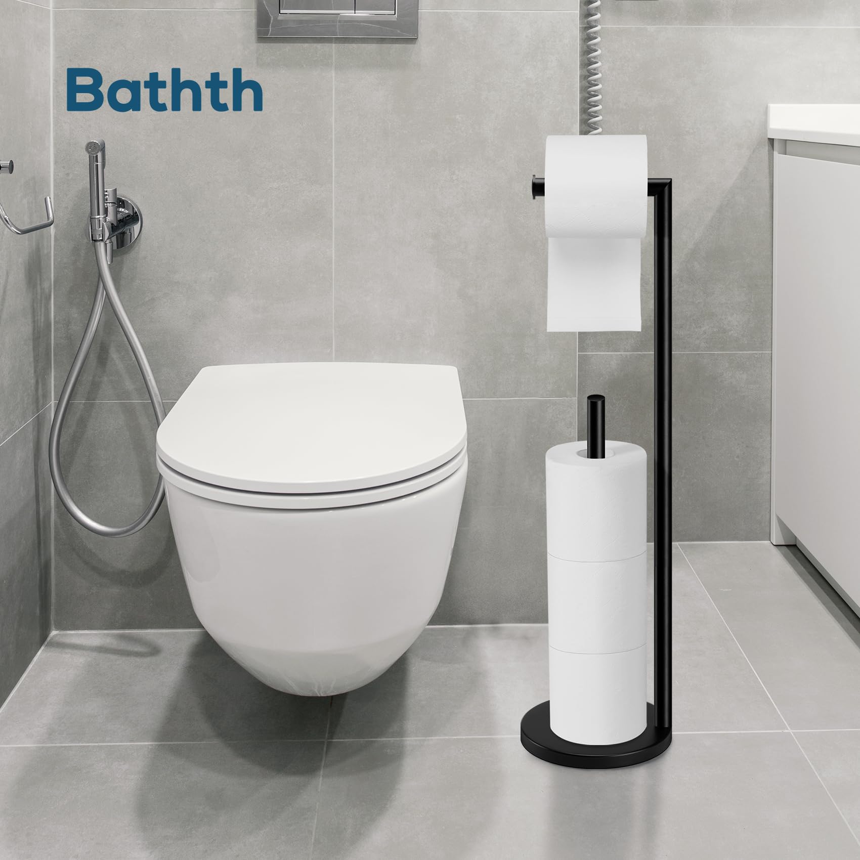 Toilet Paper Holder Stand  Toilet Paper Stand Black  Free Standing Toilet Paper Holder  Toilet Paper Holder with Storage by Bathth