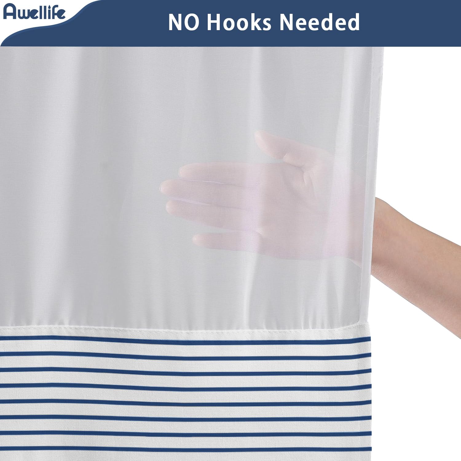 Awellife No Hook Shower Curtain With Snap In Liner Set Cotton And Linen Blend Shower Curtain For Bathroom Boho Navy Striped (No