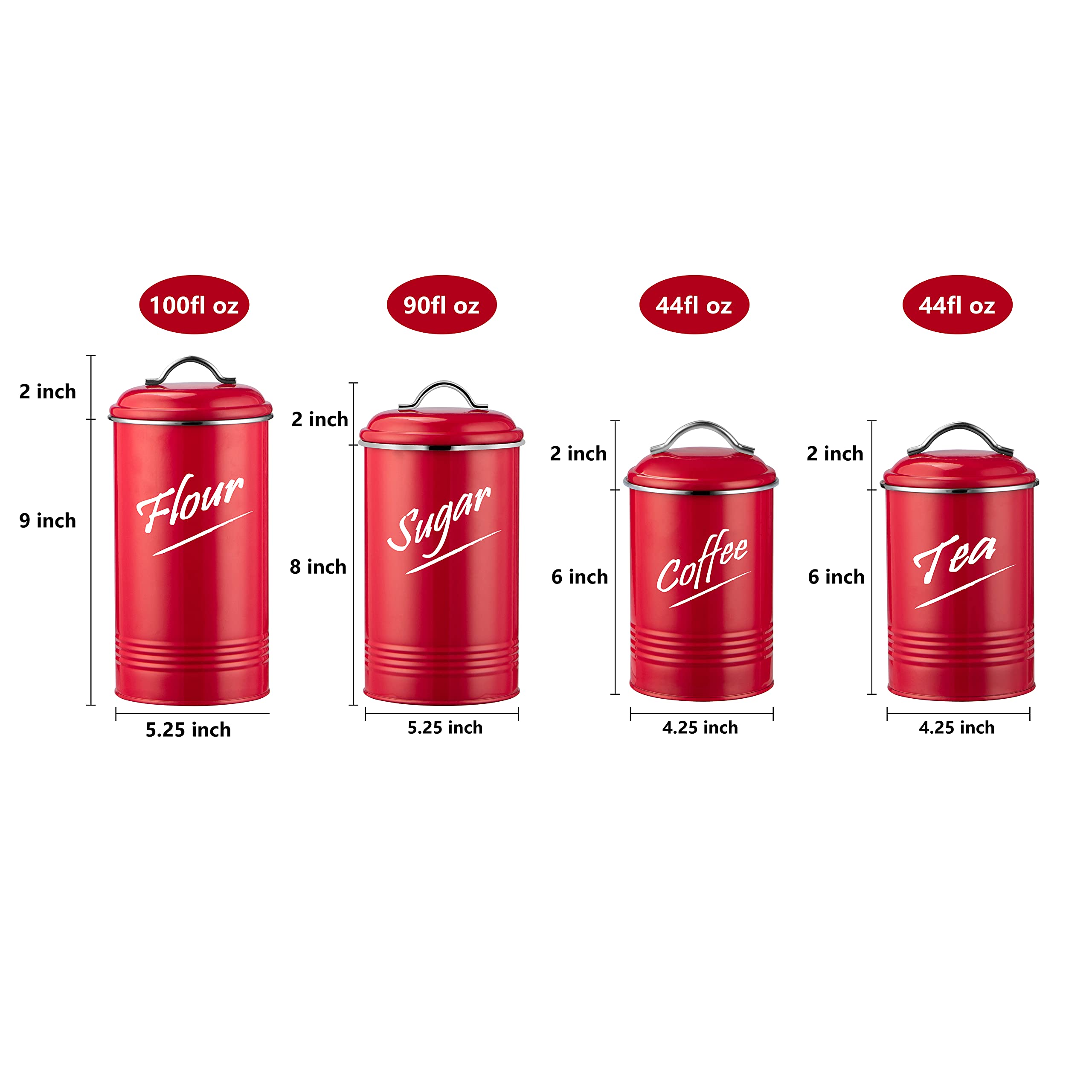 Hillbond Canisters Sets Red Food Storage Canisters Containers: Carbon Steel with Powder Coated Decorative Storage Jars Set of 4 (Red)