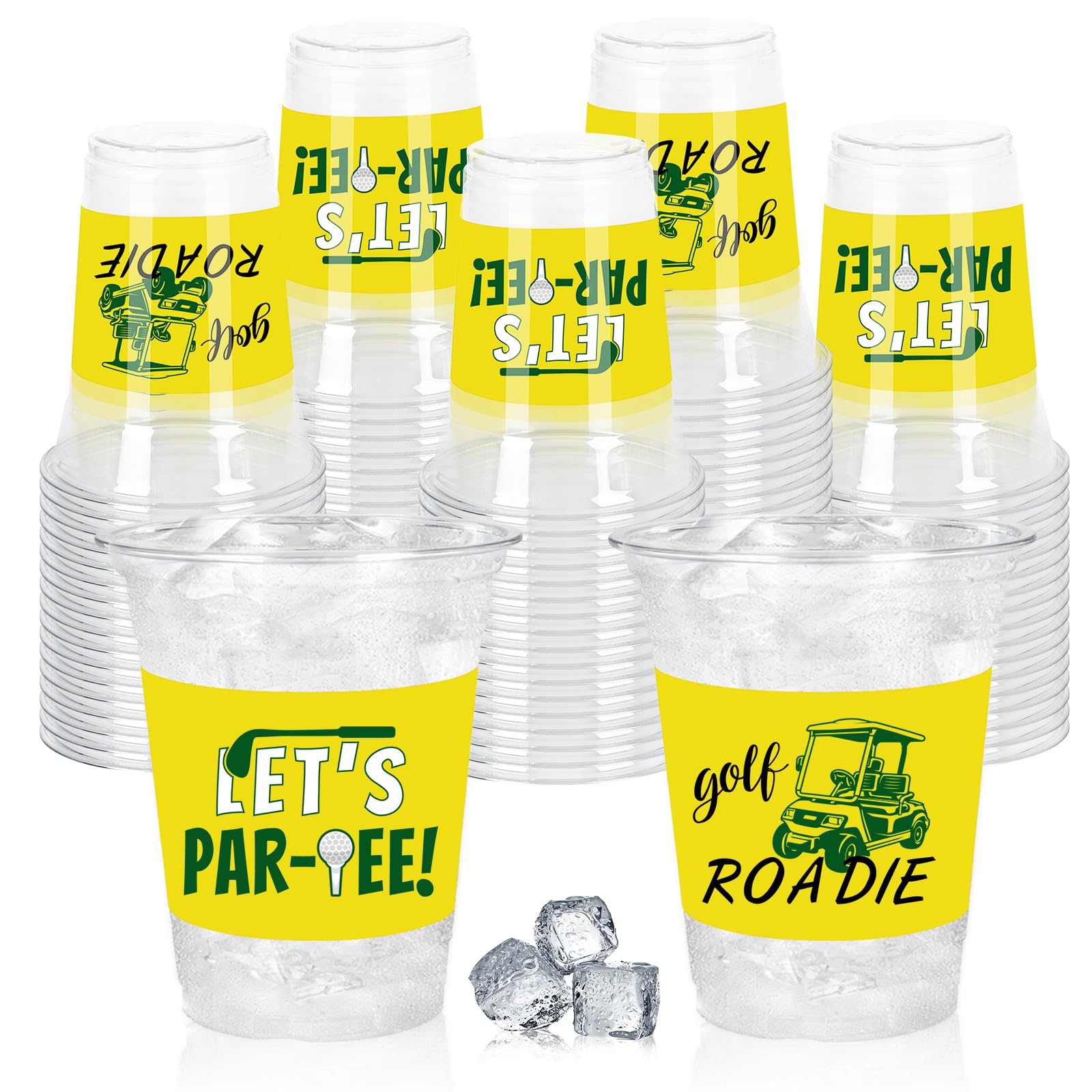 Whaline 50 Pcs 12 Oz Master Golf Party Disposable Cup Lets Par-tee Yellow Green Golf Ball Plastic Party Cup Clear Glasses for C