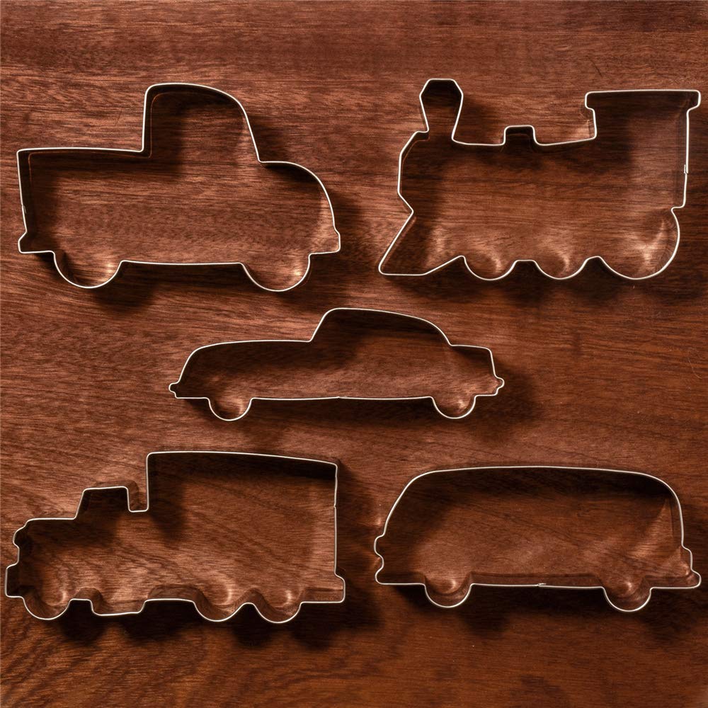 Liliao Transportation Cookie Cutter Set - 5 Piece - Train, Truck, Pick-Up Truck, Beat-Up Car And Bus Fondant Cutters - Stainless