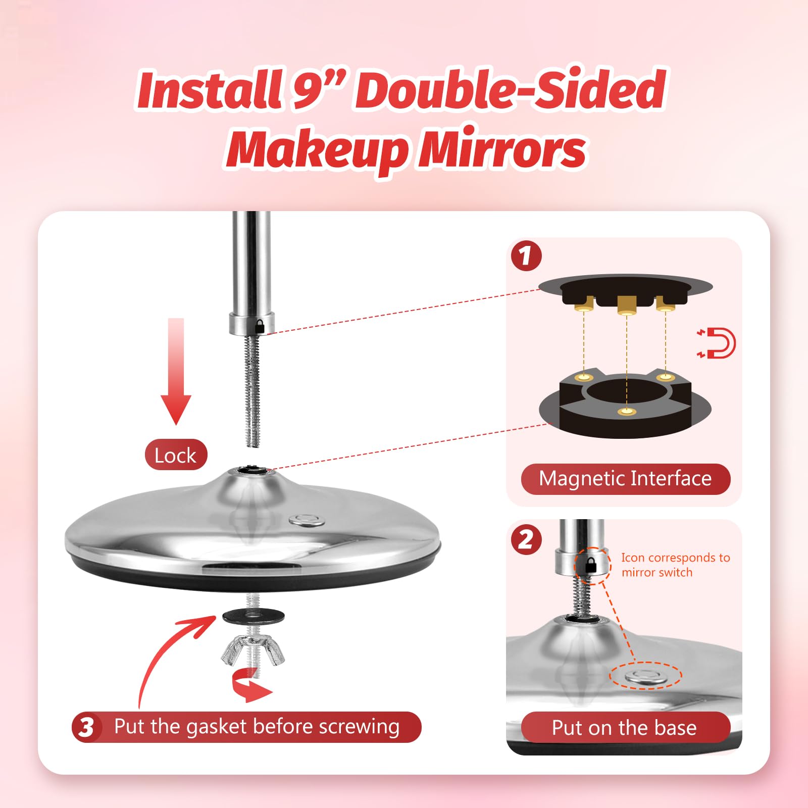 Magnifying Makeup Mirror With Light: 9'' Large 1X/10X Lighted Makeup Mirror, Double Sided Vanity Tabletop Mirror 360Rotation & A