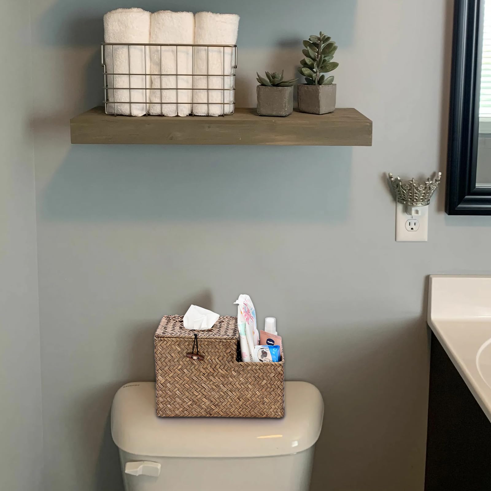 Sumnacon Tissue Box Cover Square Tissue Box Woven Seagrass Tissue Box Holder With Side Organizer, Rustic Tissue Holder For Livin