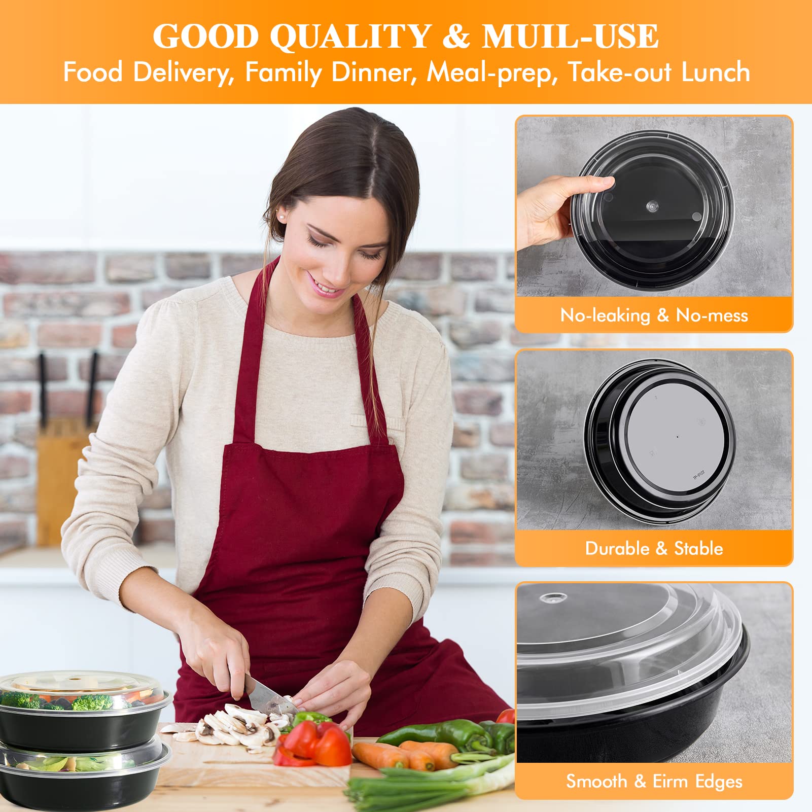 Muchii [50 Pack Meal Prep Container, 24 Oz Round To Go Containers With Lids, Plastic Containers For Food Microwave And Freezer S