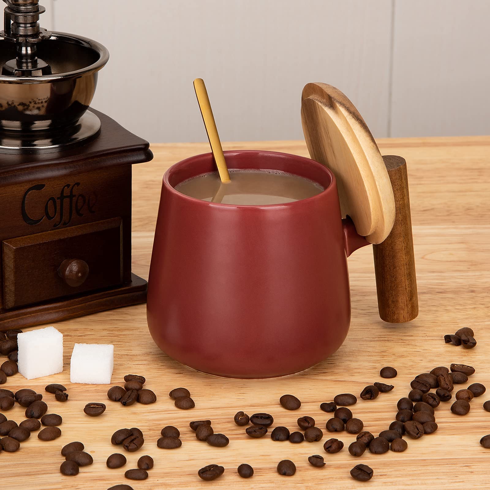 Good Always 14 Oz Ceramic Coffee Mug With Lid And Coffee Spoon For Latte,Cappuccino Mug, Cocoa Mug, Tea Mug, Birthday Gifts For