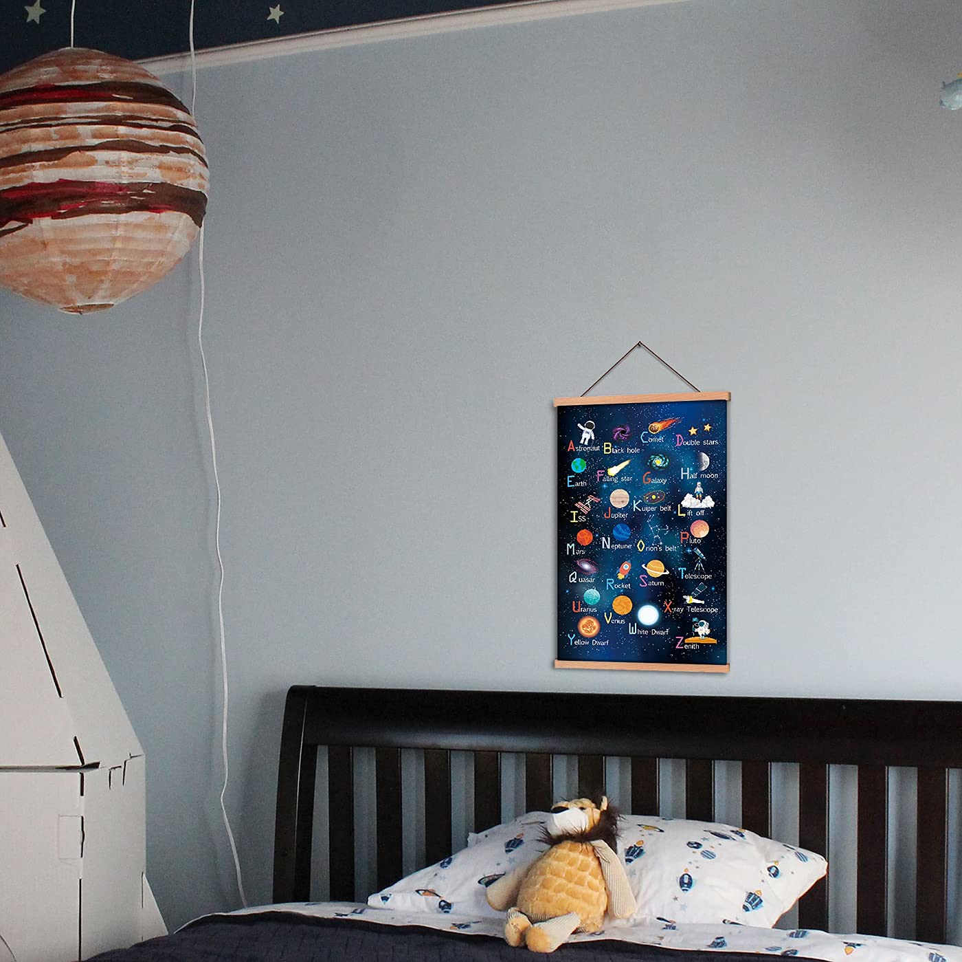 Kairne Outer Space Art Print With Wood Magnetic Poster Hanger Frame, Astronomy Alphabet Letters Canvas Wall Art,Abstract Univers