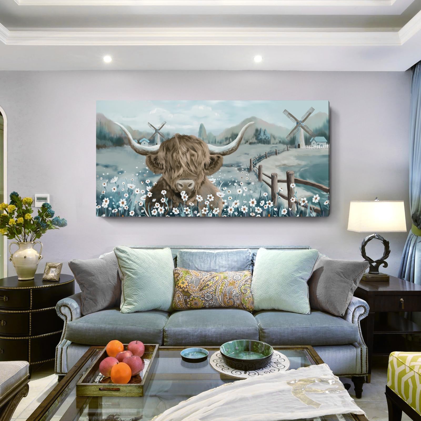 Large Highland Cow Canvas Wall Art For Living Room Rustic Farmhouse Landscape Painting Animal Canvas Print Cattle In The White D