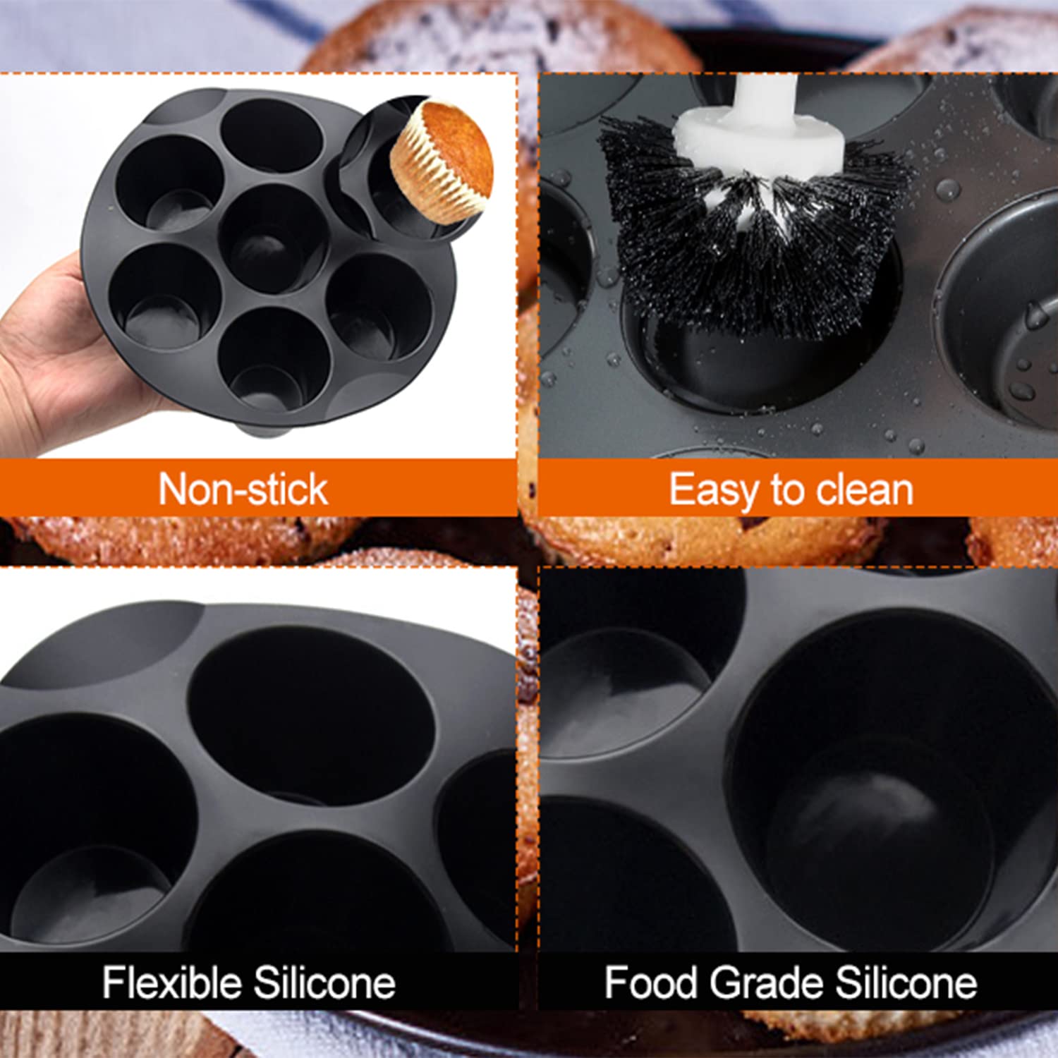 Silicone Muffin Cake Cups For Baking Muffin & Mini Cakes, 7 Cups Non-Stick Egg Muffin Pan Cupcake Tin Tray Home Diy Round Desser