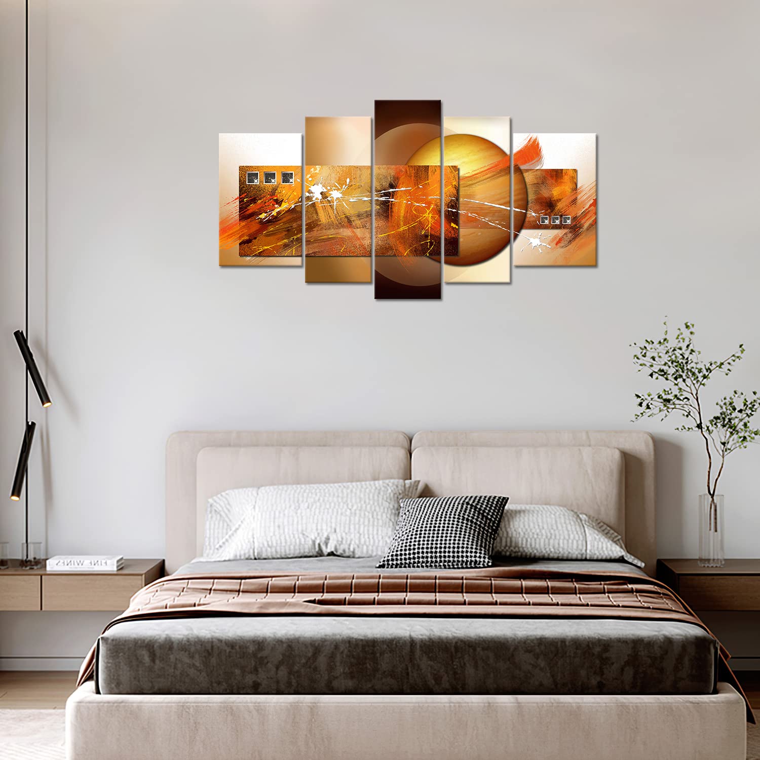 Novup Large Abstract Orange Wall Art, 5 Piece Modern Painting Canvas Print - Contemporary Artwork Picture For Living Room Bedroo
