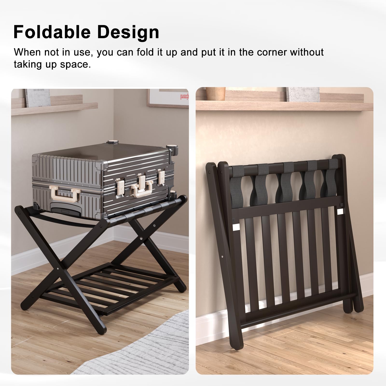 Smuxee Fully Assembled Black Luggage Racks Pack Of 2, Upgraded Bamboo Foldable Suitcase Stand With 5 Nylon Straps, Luggage Holde