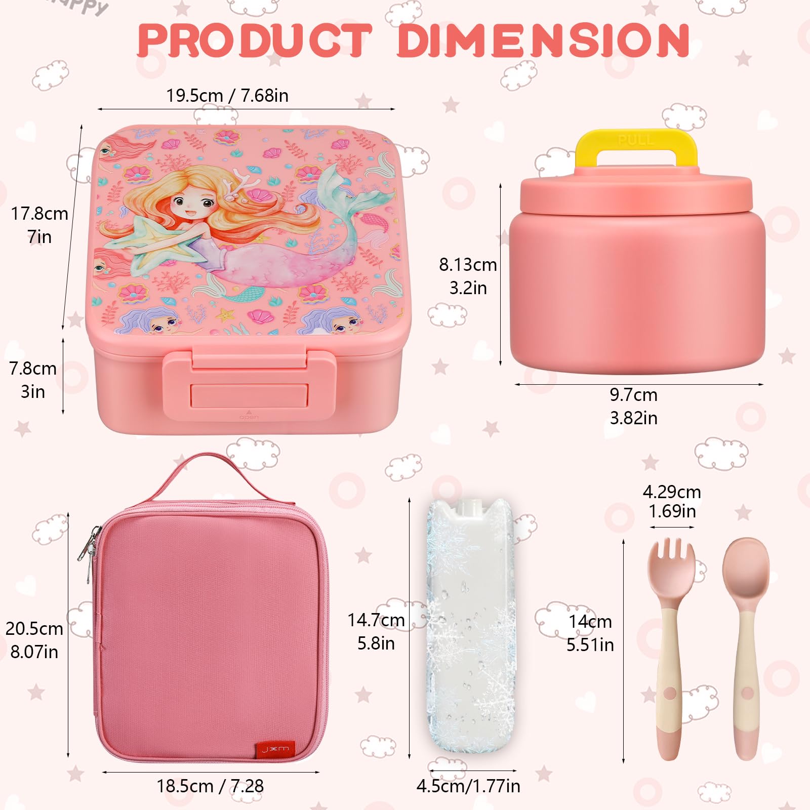 MAISON HUIS Kids Bento Lunch Box Set, 5 Compartment, BPA Free, Pink Mermaid, Includes 8oz Soup Thermo and Insulated Lunch Bag