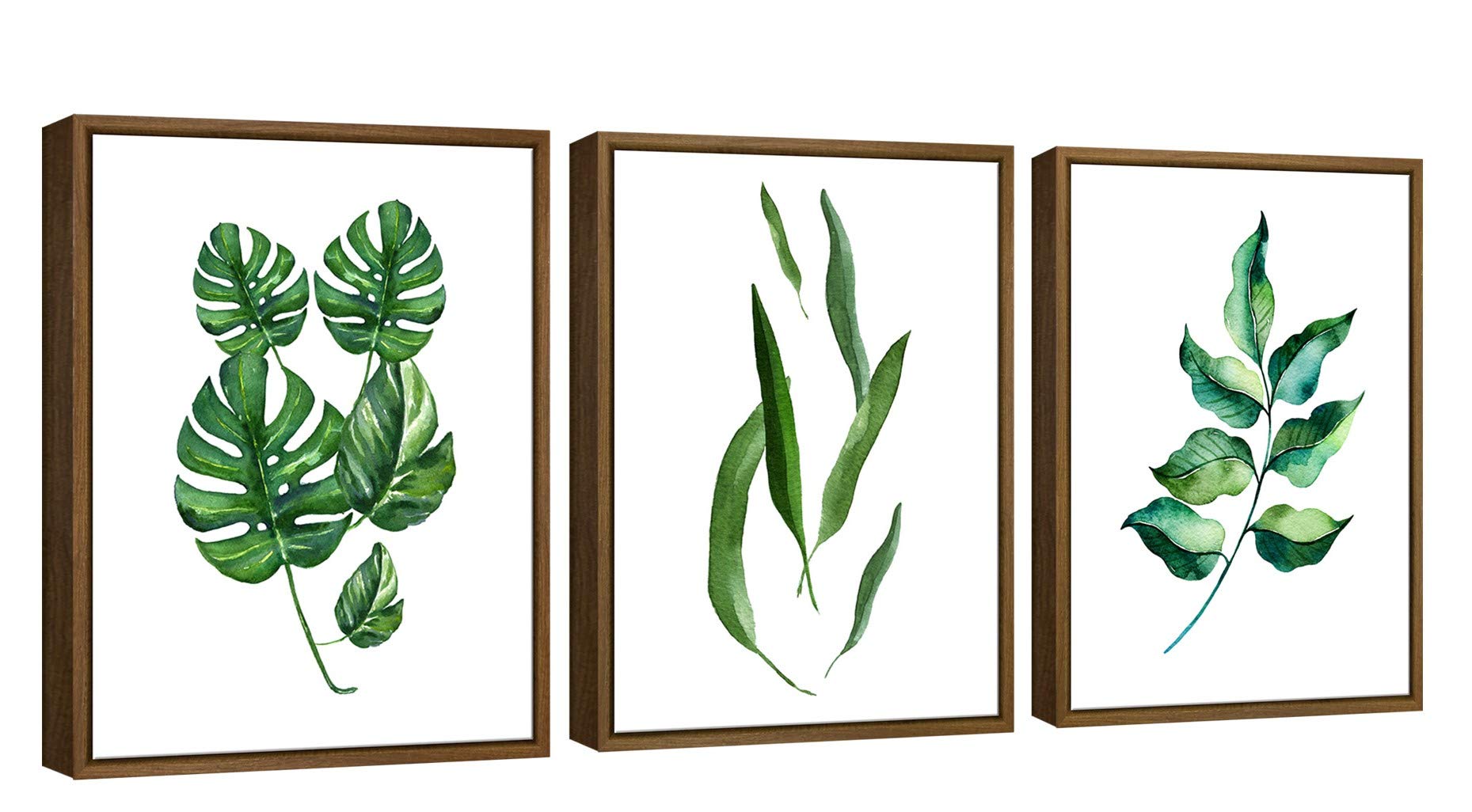 Pyradecor Natural Wood Framed Green Leaves Botanic Canvas Wall Art Abstract Watercolor Pictures For Living Room Bathroom Wall De