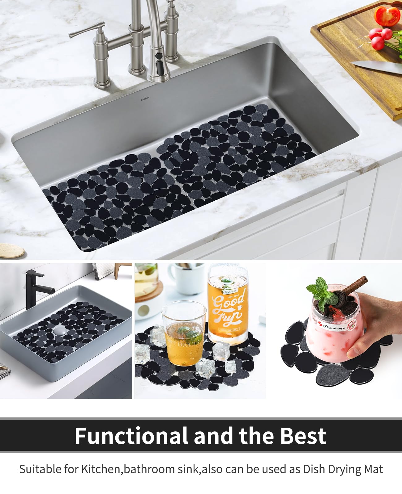 Bligli Pebble Sink Mat 2 Pack - PVC Sink Protectors, 15.7 x 11.8 inch, Black for Kitchen Sinks, Dish Drying Mat