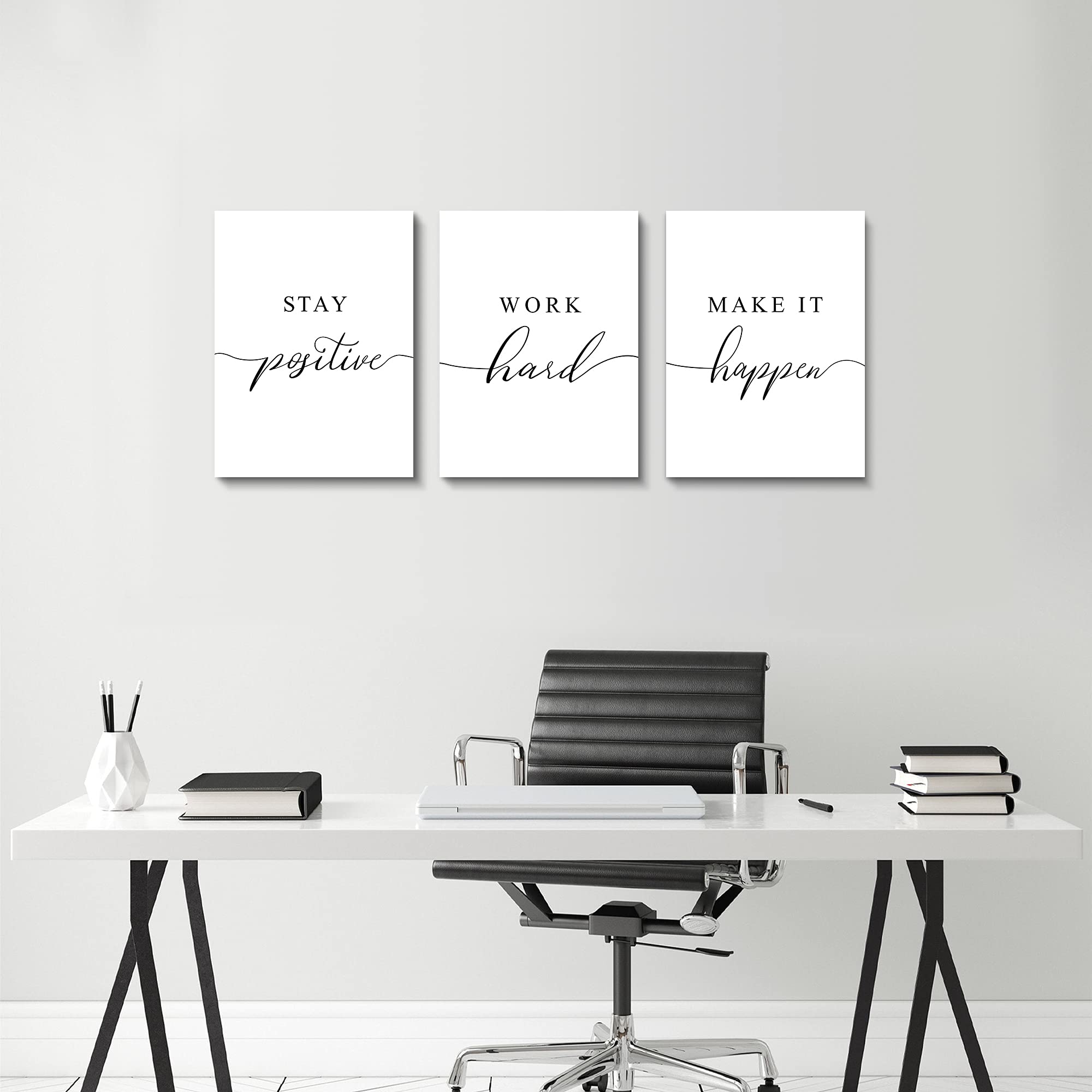 Framed Canvas Wall Art Positive Quote, Office Art, White Large Poster, Motivational Artwork Set Of 3 Prints, Inspirational Poste