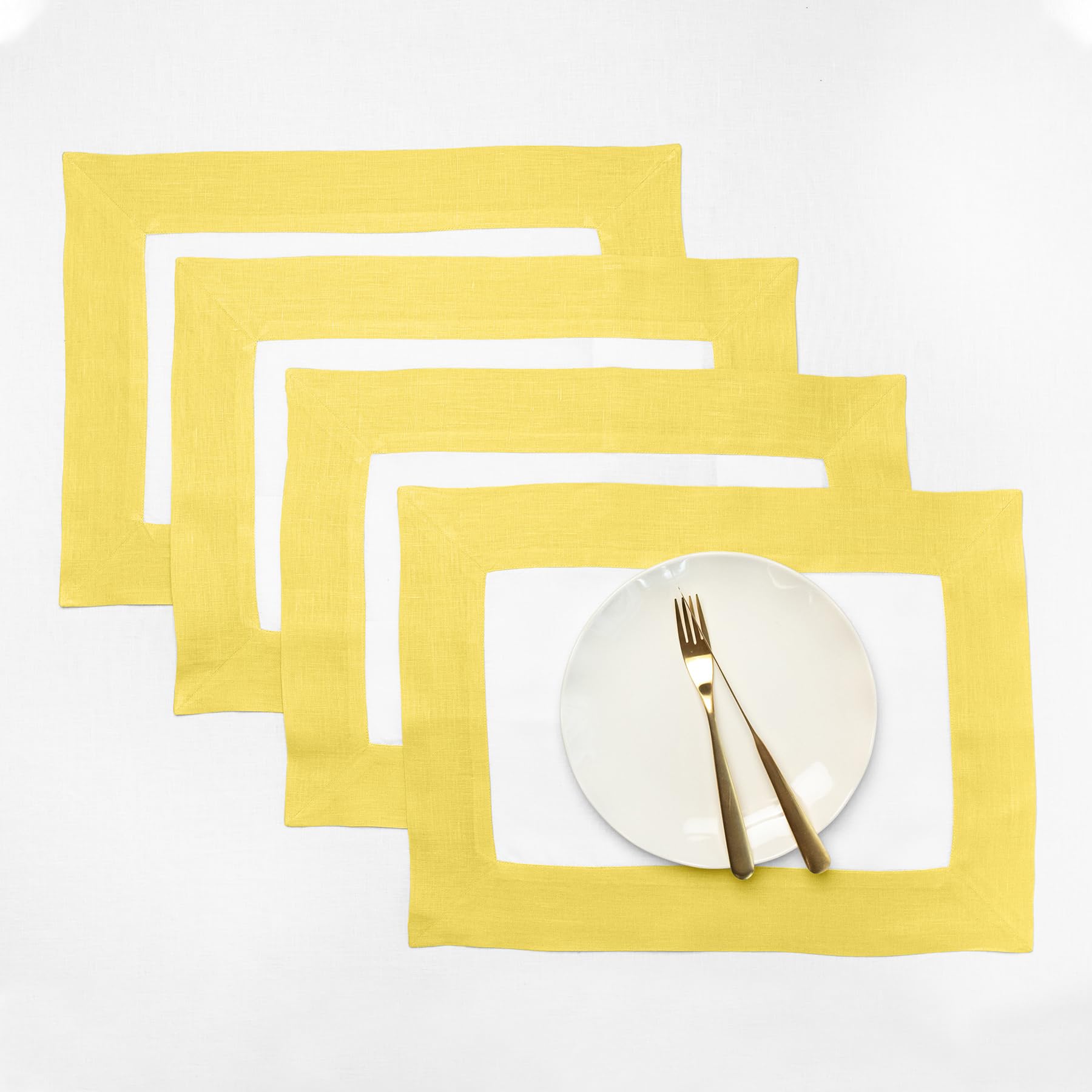 Solino Home Linen Placemats Set Of 4-100% Pure Linen Cloth Fabric Placemats Sunshine Yellow And White - 19'' L X 14'' W Inch Was