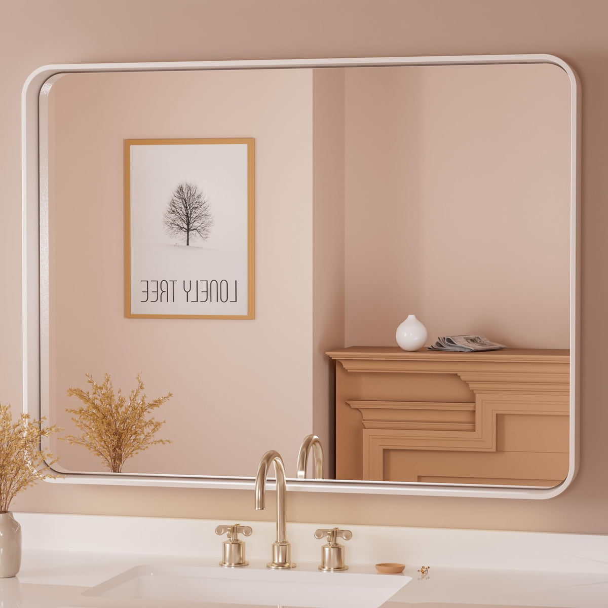 Tetote 40 X 30 White Frame Mirror For Bathroom Metal Frame Wall Mounted Rectangle Mirror For Vanity With Sandy Textured Surface(