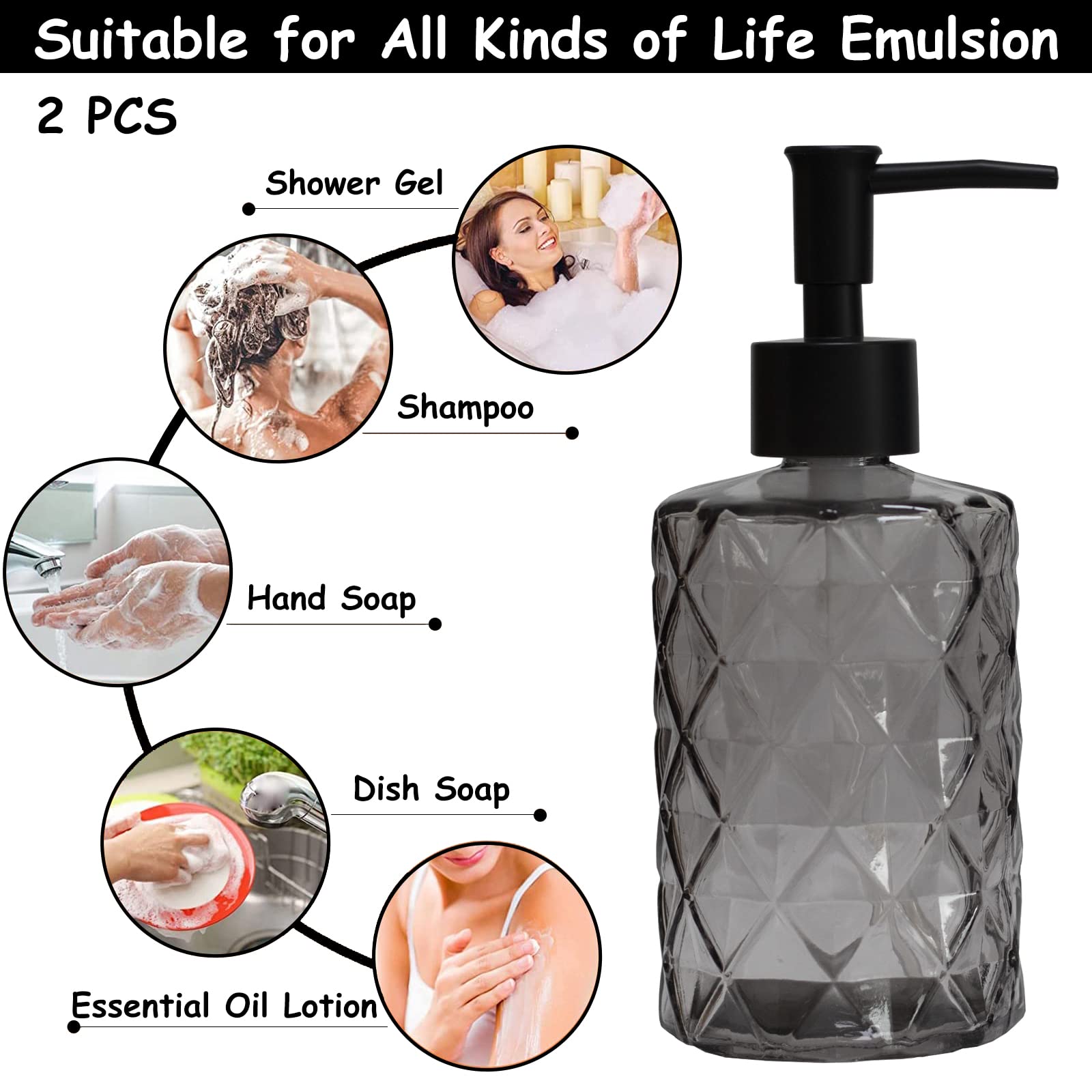 Glass Soap Dispenser With Black Plastic Pump, 12Oz Refillable Liquid Hand Soap Dispenser, 2 Pack Crystal Lotion Bottle For Moder