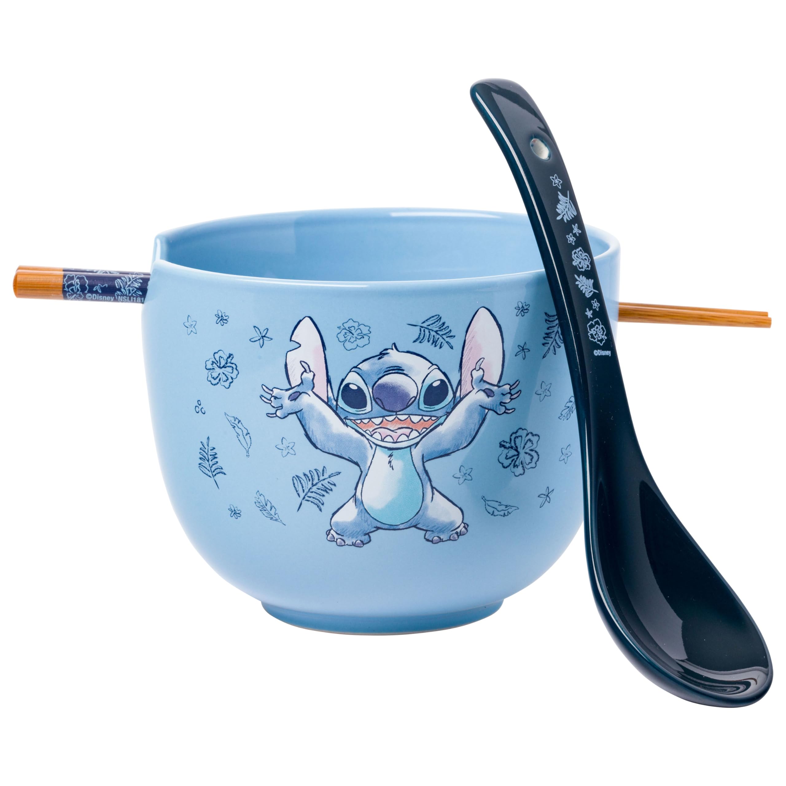 Silver Buffalo Disney Lilo And Stitch Hands Up Leaves And Flowers Ceramic Ramen Noodle Rice Bowl With Chopsticks And Spoon, Micr