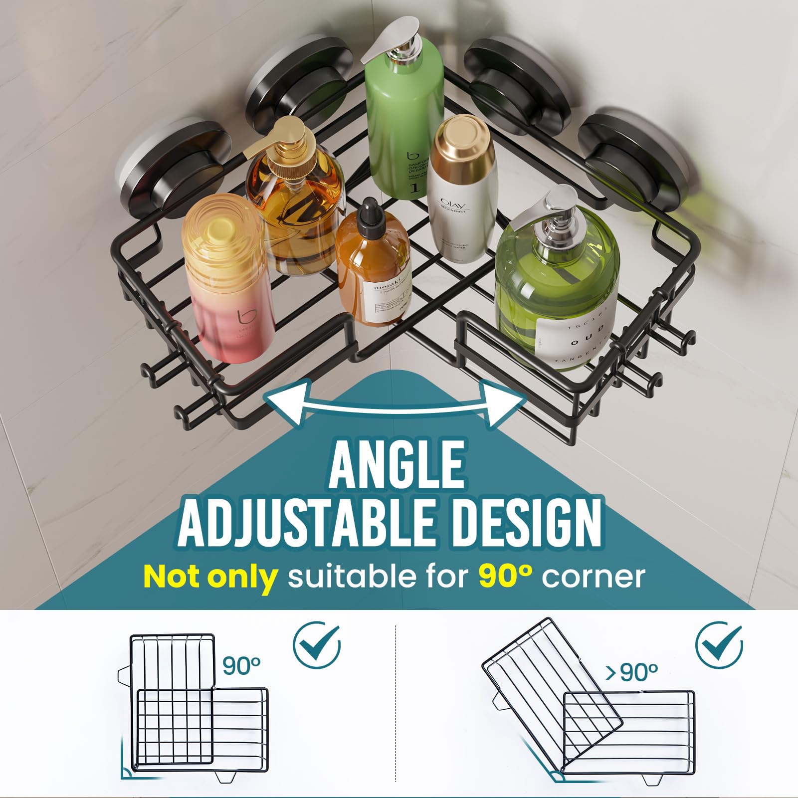 Taili Corner-Adaptive Suction Cup Shower Caddy 2 Pack, Stainless Steel Rustproof Corner Shower Shelves, Drill-Free Wall Mounted