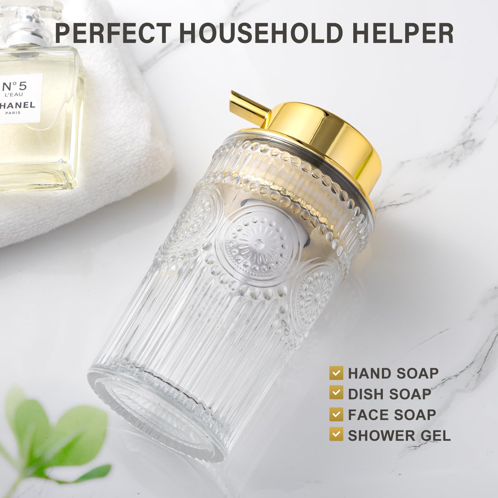 Leicurace Glass Foam Soap Dispenser, Refillable Foaming Pump Bottle With Gold Pump, Foam Hand Soap Dispenser For Bathroom Kitche