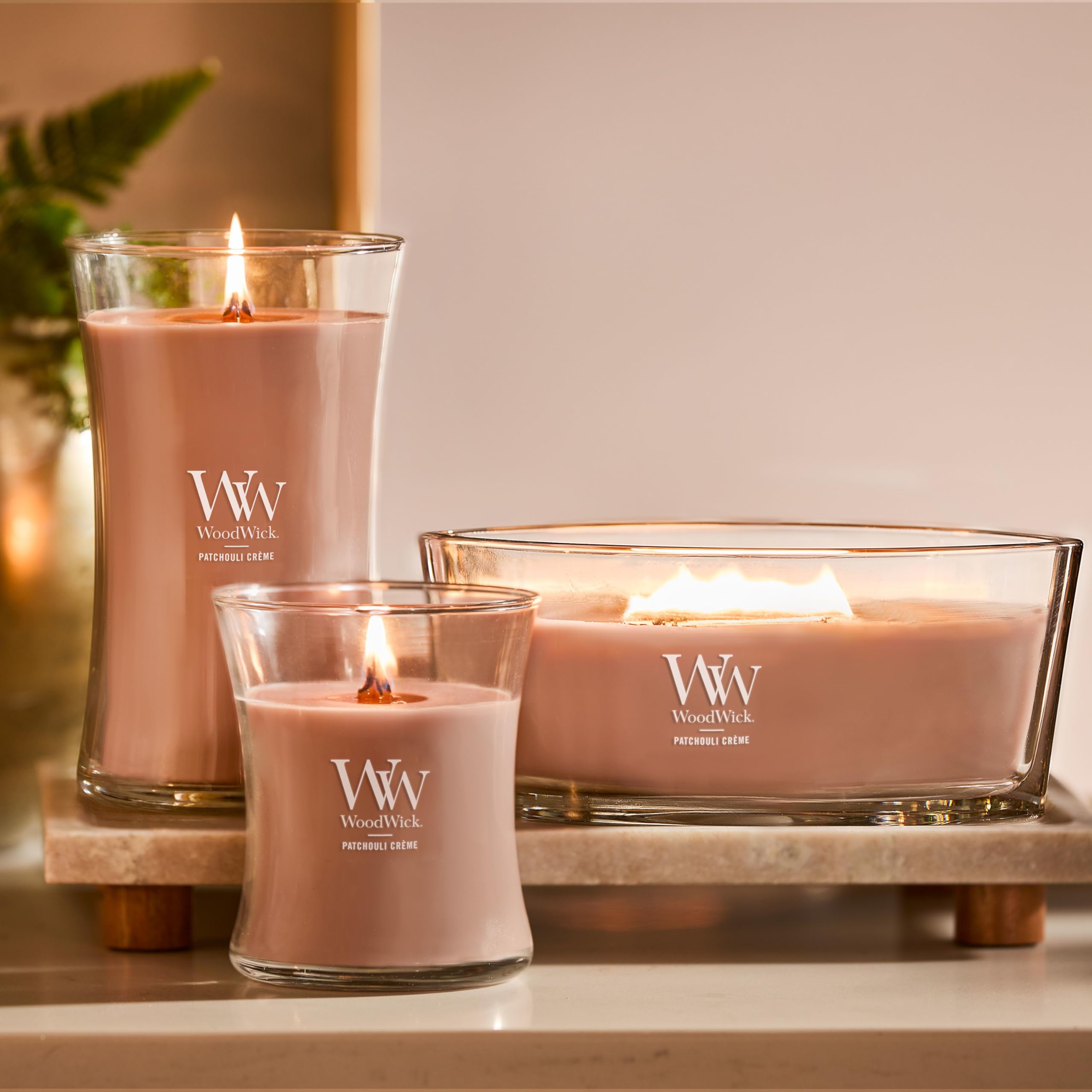 WoodWick Patchouli Crme Gifts for Women and Men, 16 oz Ellipse Candle with Crackling Wick