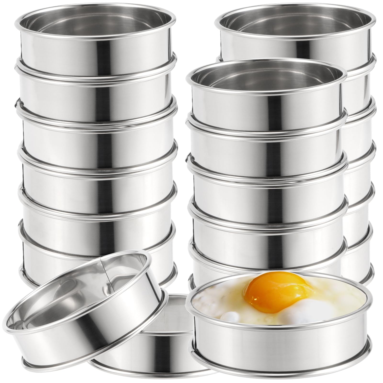 Joikit 20 Pcs 4 Inch English Muffin Rings, Double Rolled Tart Rings, 304 Nonstick Stainless Steel Crumpet Rings Metal Round Ring