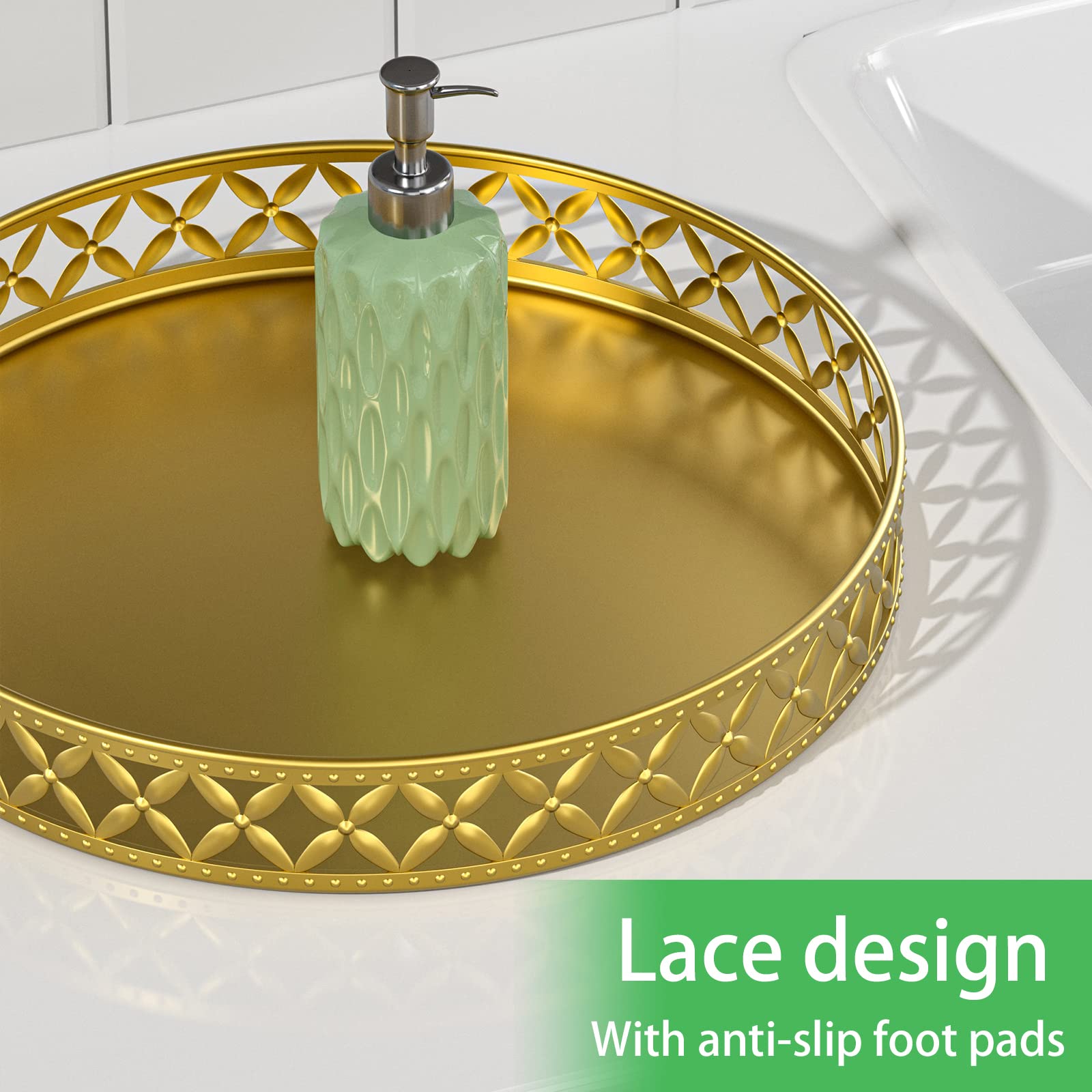 Eknitey Bathroom Counter Vanity Tray - Perfume Makeup Tray For Dresser Tops Gold Round Serving Tray Candle Decorative Storage Tr