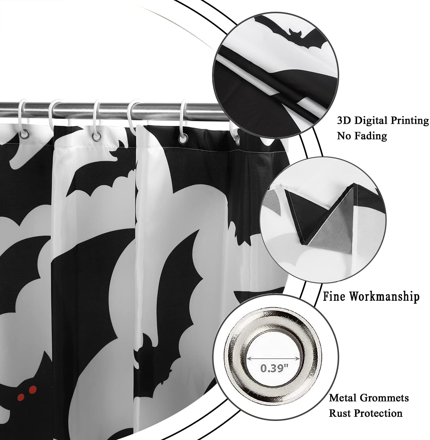 Gcirec Halloween Shower Curtain, Halloween Theme Black And White Bat Bathroom Curtain Halloween Party Decor Waterproof Fabric Ma