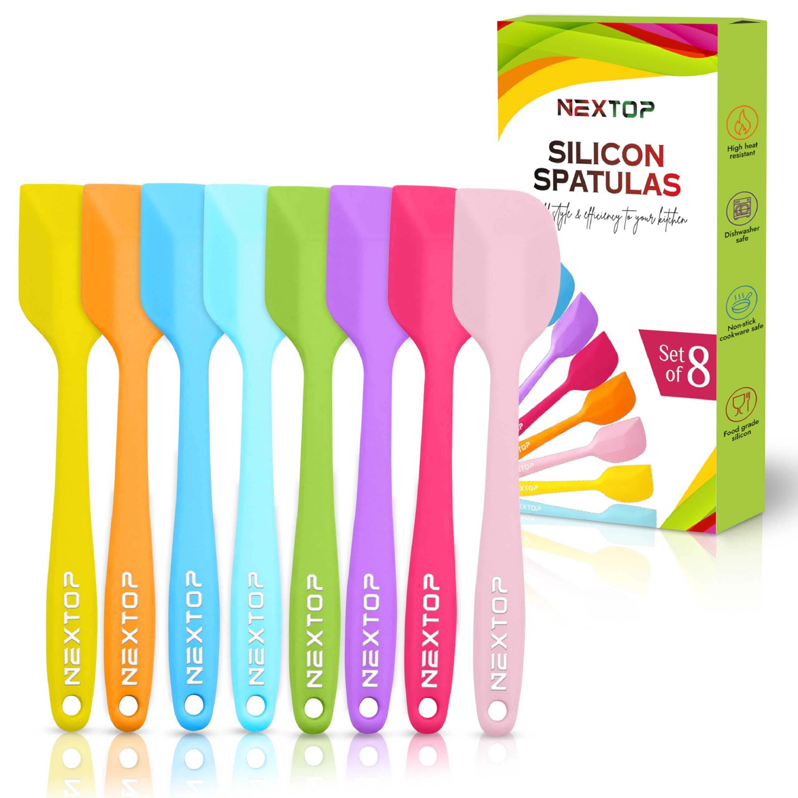 NEXTOP Silicone Spatula 8 Piece Set, HeatResistant Nonstick Rubber Spatulas Heat Resistant Seamless One Piece Design NonStick