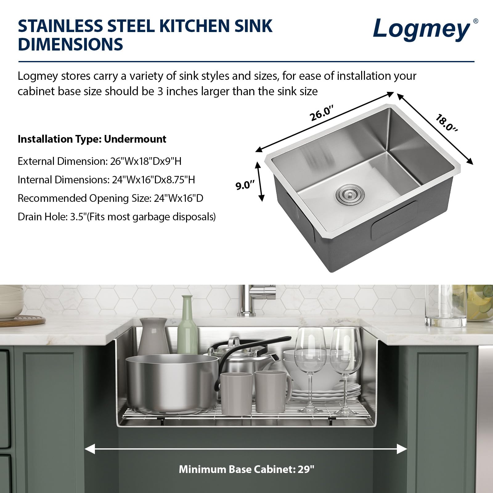 Logmey 27 Inch Undermount Kitchen Sink - 27X18 In Handmade Stainless Steel Kitchen Sinks 16 Gauge 9 Inch Deep Single Bowl Sinks