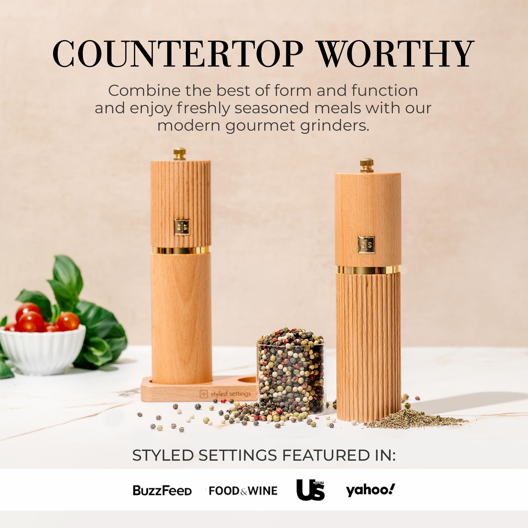 Styled Settings Wooden Salt And Pepper Grinder Set With Gold Accents - Refillable Wooden Manual Salt And Pepper Mill Set With Ad
