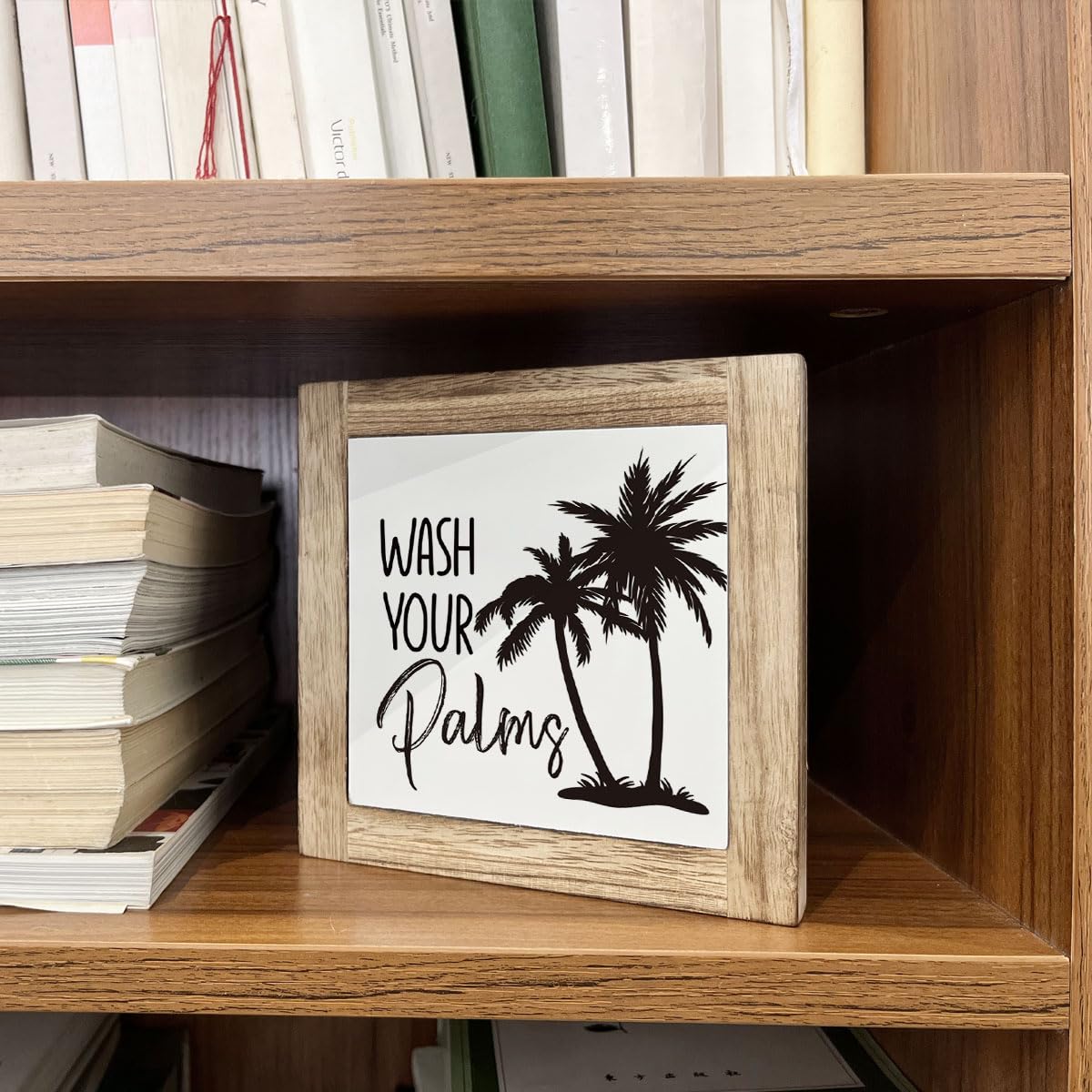 Wooden Box Sign for Bathroom Decor - Farmhouse Tabletop Washroom Decor, Tropical and Coastal Style - B6-68 Wash Your Palms Sign