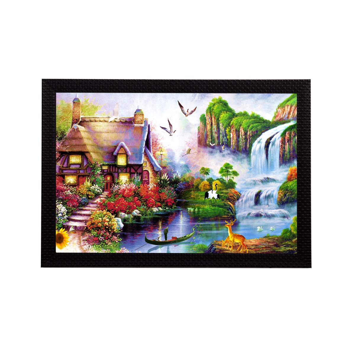 Ecraftindia Village Scenic View And Waterfall Satin Matt Texture Uv Art Painting (Synthetic Wood, 27.94 Cm X 35.56 Cm)