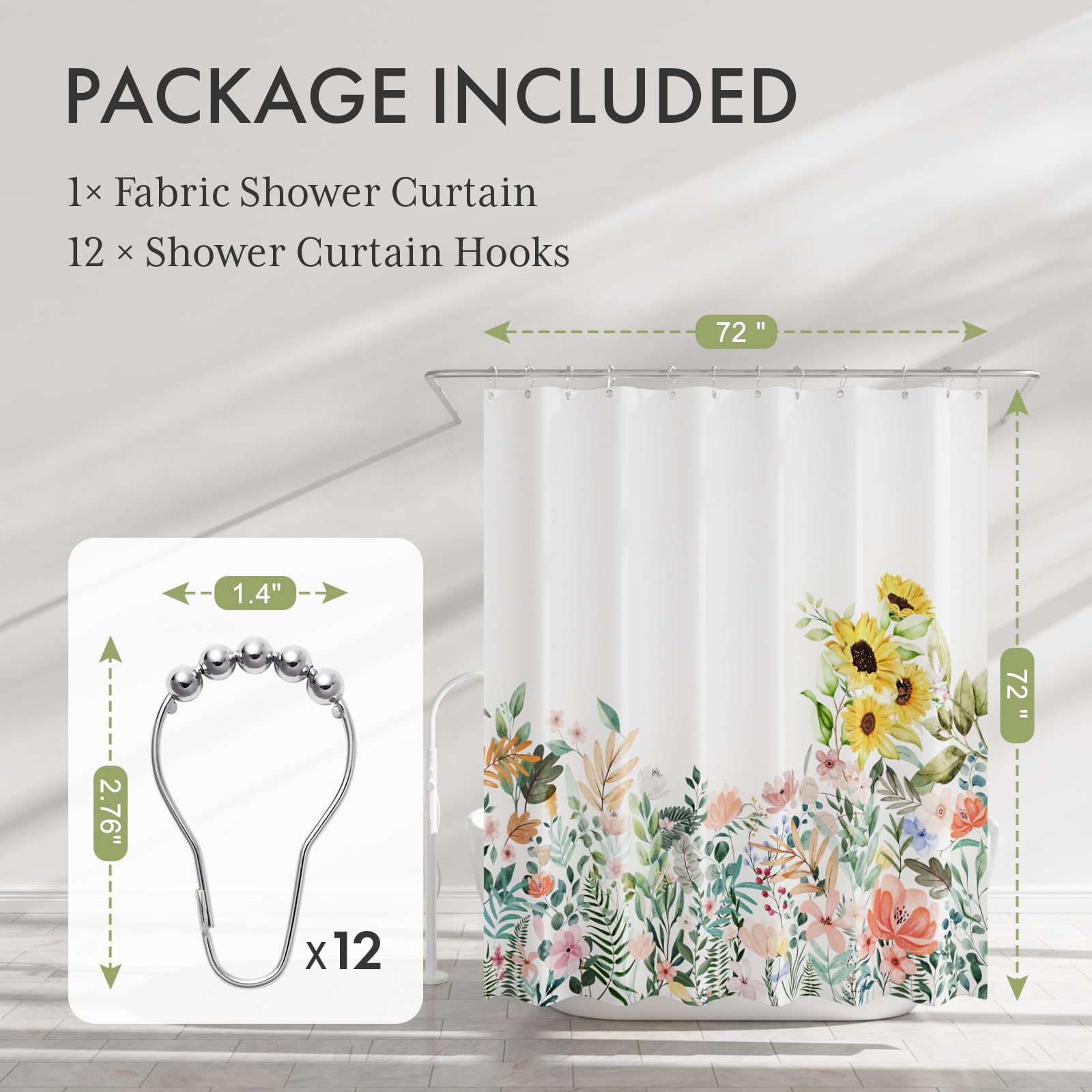 AmazerBath Floral Shower Curtain  Cloth Fall Flower Shower Curtains for Bathroom Decor  Rustic Washable Sunflower Eucalyptus and Leaves Fabric Shower Curtain Sets with 12 Metal Hooks  72x72 Inches