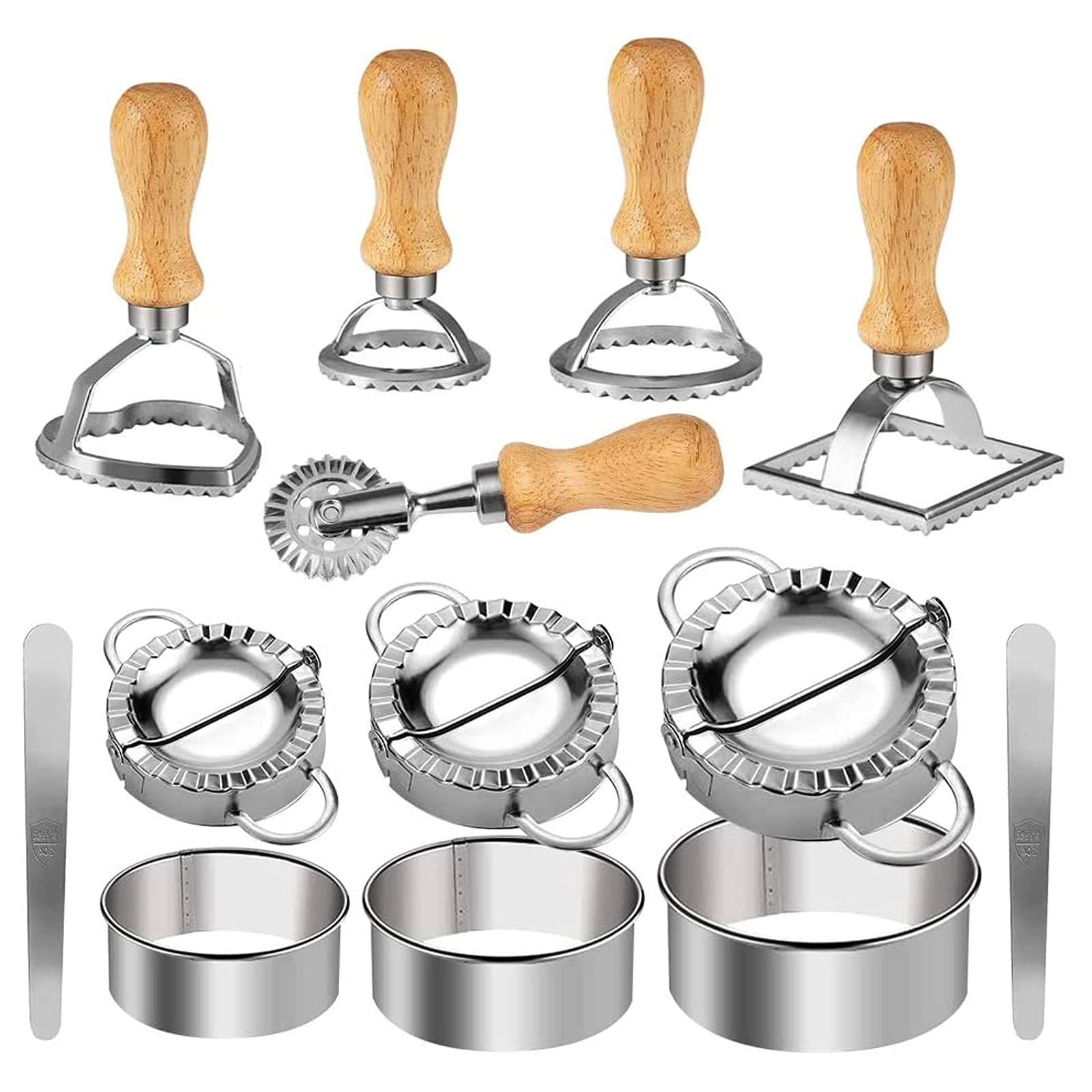 Stainless Steel Dumplings Maker Set Ravioli Maker Cutter Stamp Set With Wooden Handle Dumpling Cutter Tools Stuffing Spoon Dumpl