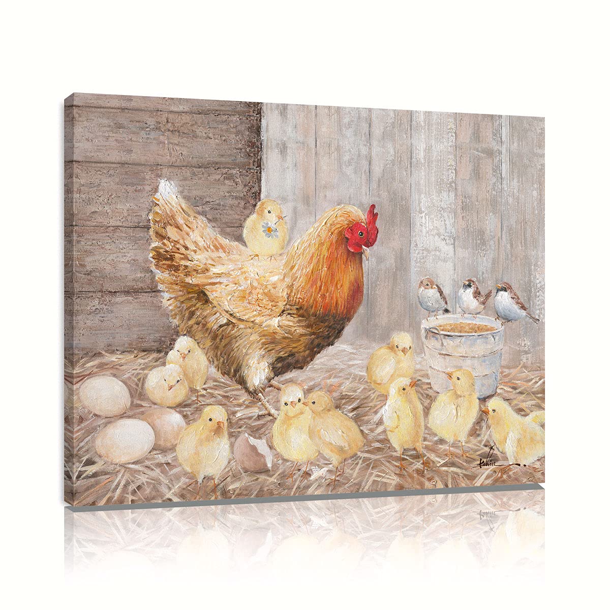 Farmhouse Wall Art Rooster Print: Hen Painting Small Born Chicks Picture Barnyard Birds Vintage Wood Framed Canvas Artwork For K