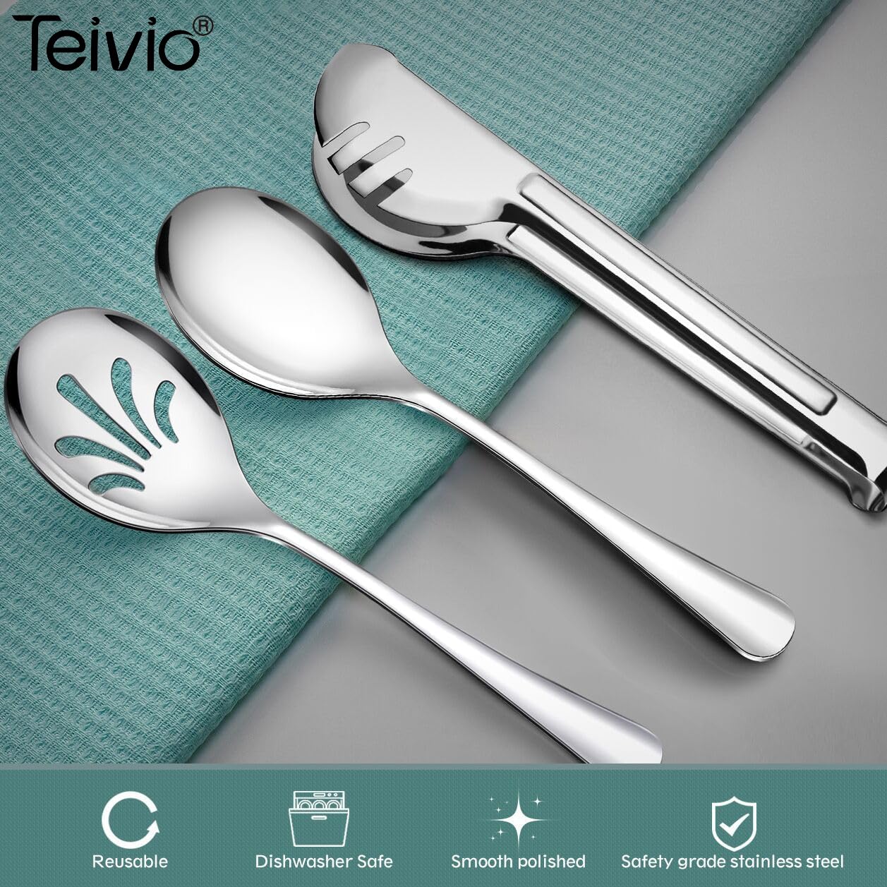 Stainless Steel Metal Serving Utensils - Large Set Of 9-10'' Serving Spoons, 10'' Slotted Spoons, And 9'' Serving Tongs By Teivi